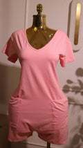 Pink Short-Sleeve V-Neck Casual Romper With Pockets