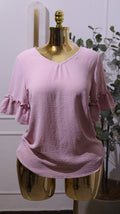Pink Top With Double Gathered Ruffle Sleeves, Likely Made From Stretch Crepe Material