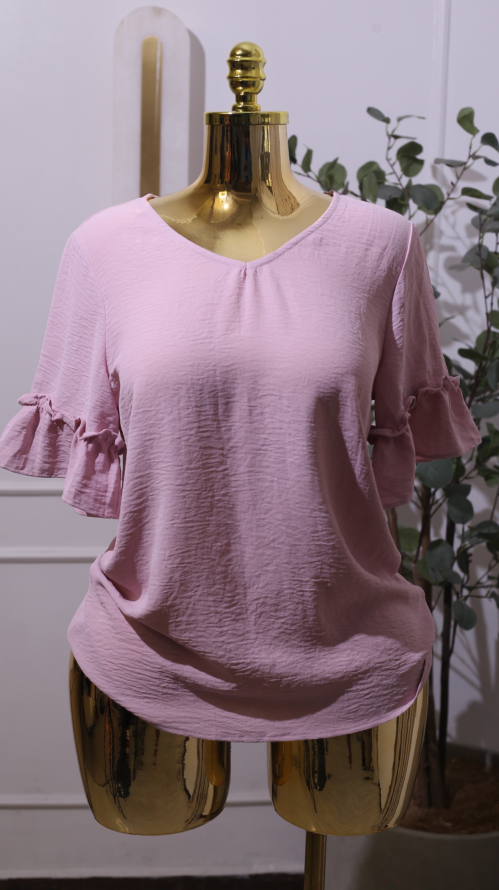 Pink Top With Double Gathered Ruffle Sleeves, Likely Made From Stretch Crepe Material