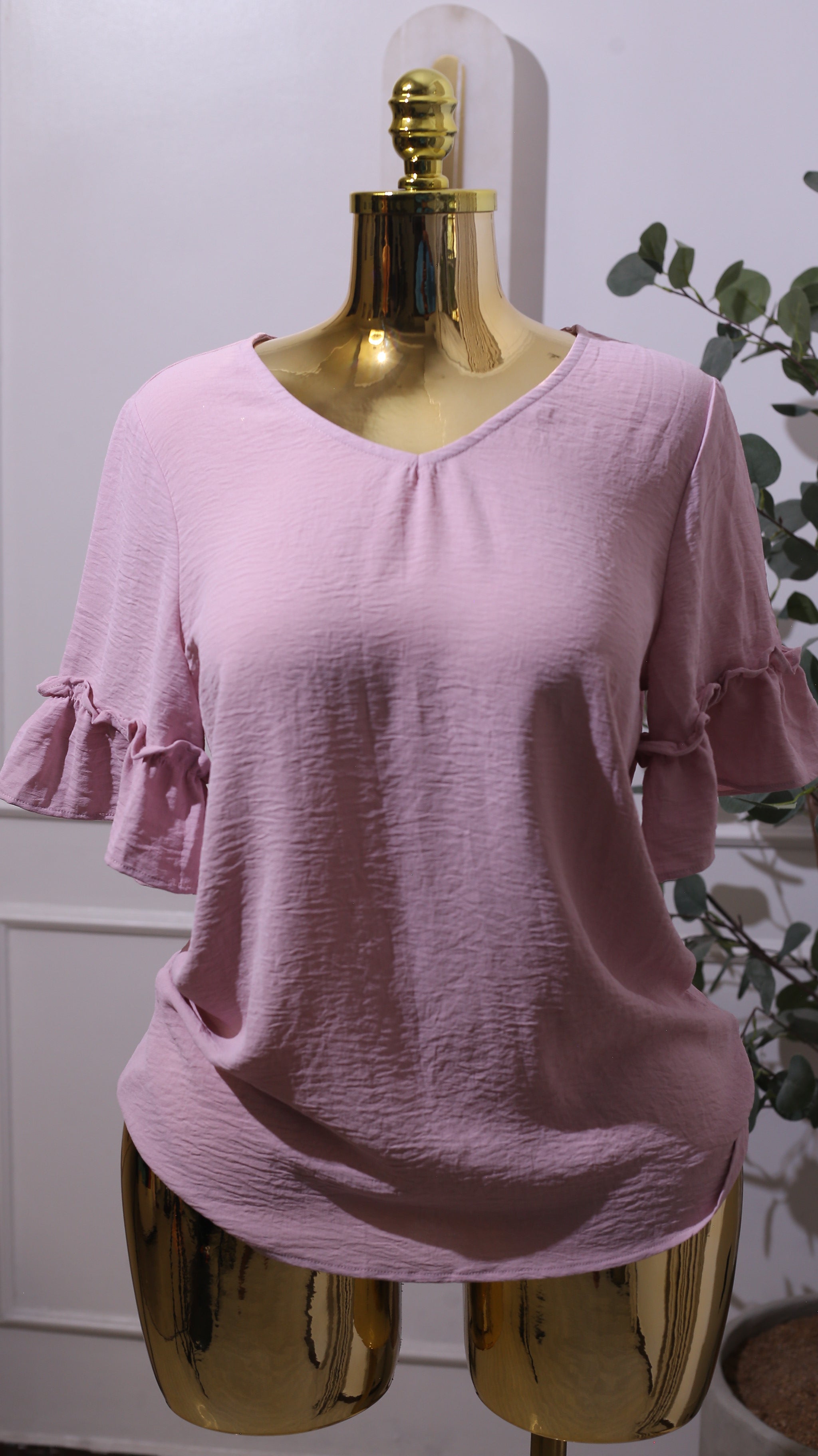 Pink Top With Double Gathered Ruffle Sleeves, Likely Made From Stretch Crepe Material