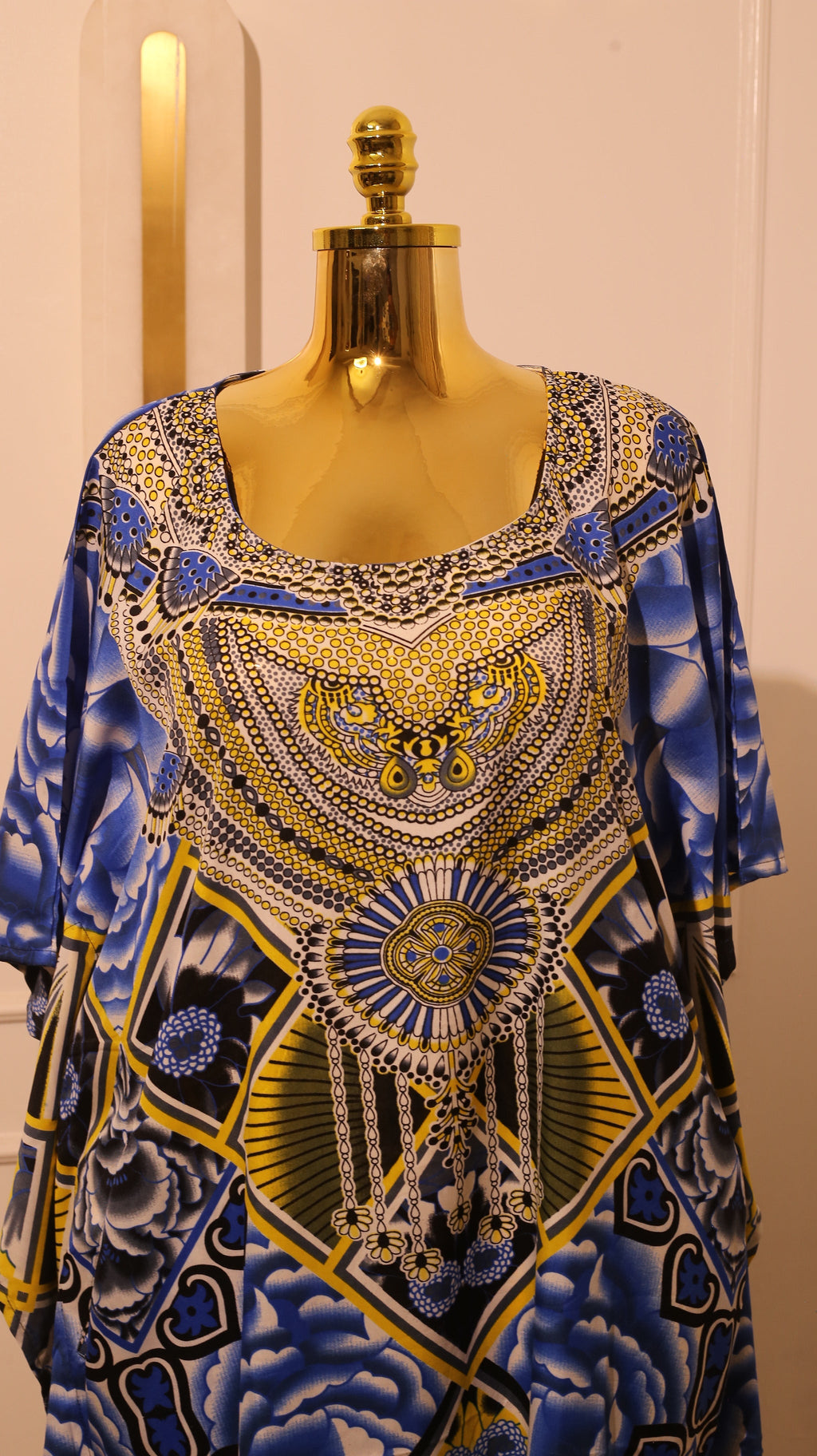 Printed Silk Gown Or Textile With A Blue And Yellow Floral And Geometric Pattern