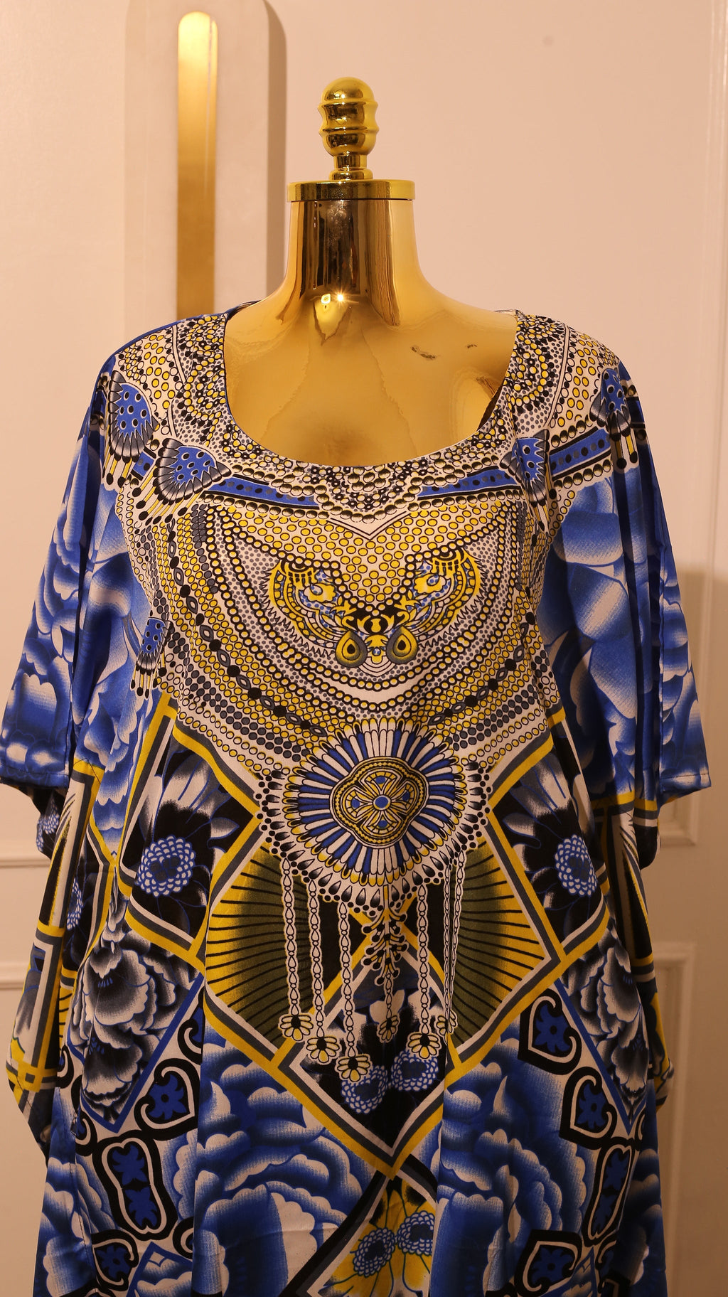Printed Silk Gown Or Textile With A Blue And Yellow Floral And Geometric Pattern