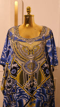 Printed Silk Gown Or Textile With A Blue And Yellow Floral And Geometric Pattern