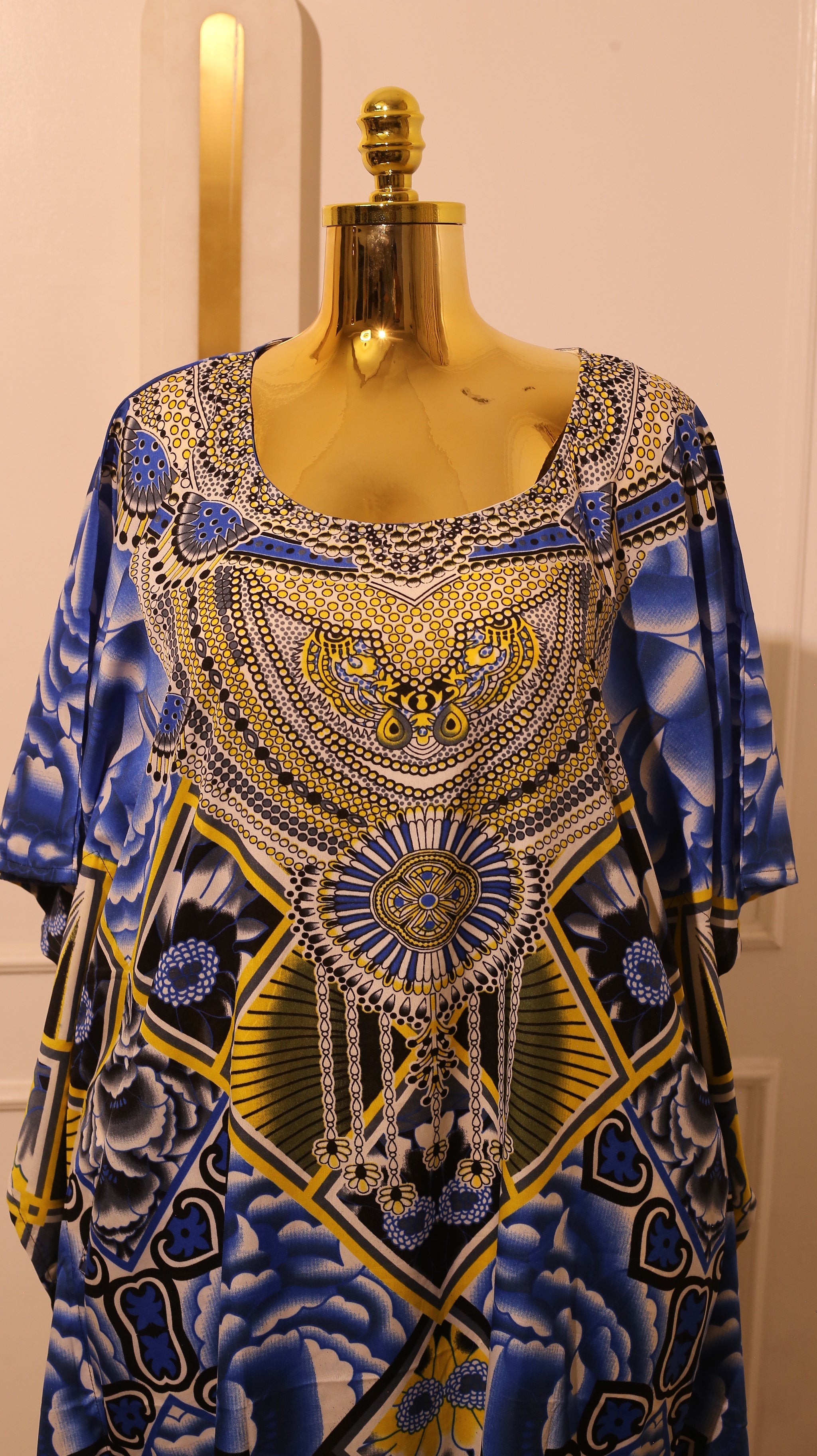 Printed Silk Gown Or Textile With A Blue And Yellow Floral And Geometric Pattern