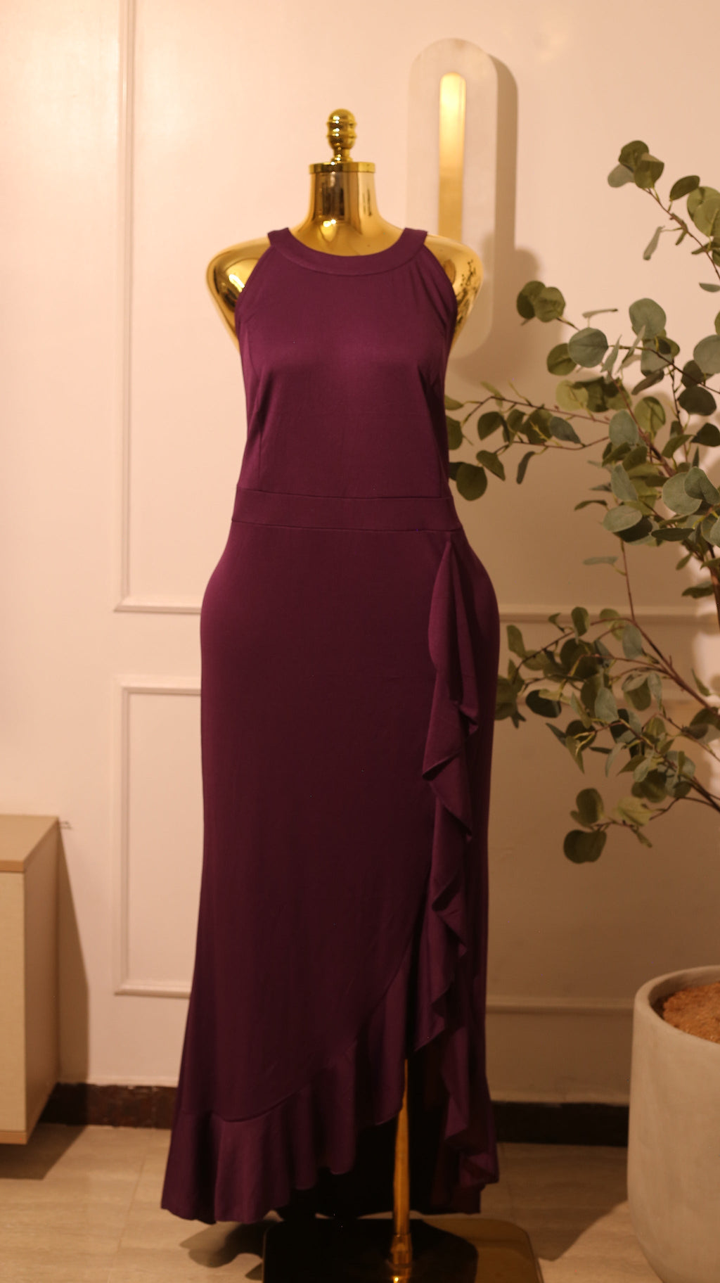 Purple Halter-Neck Maxi Dress With A Ruffled High-Low Hem