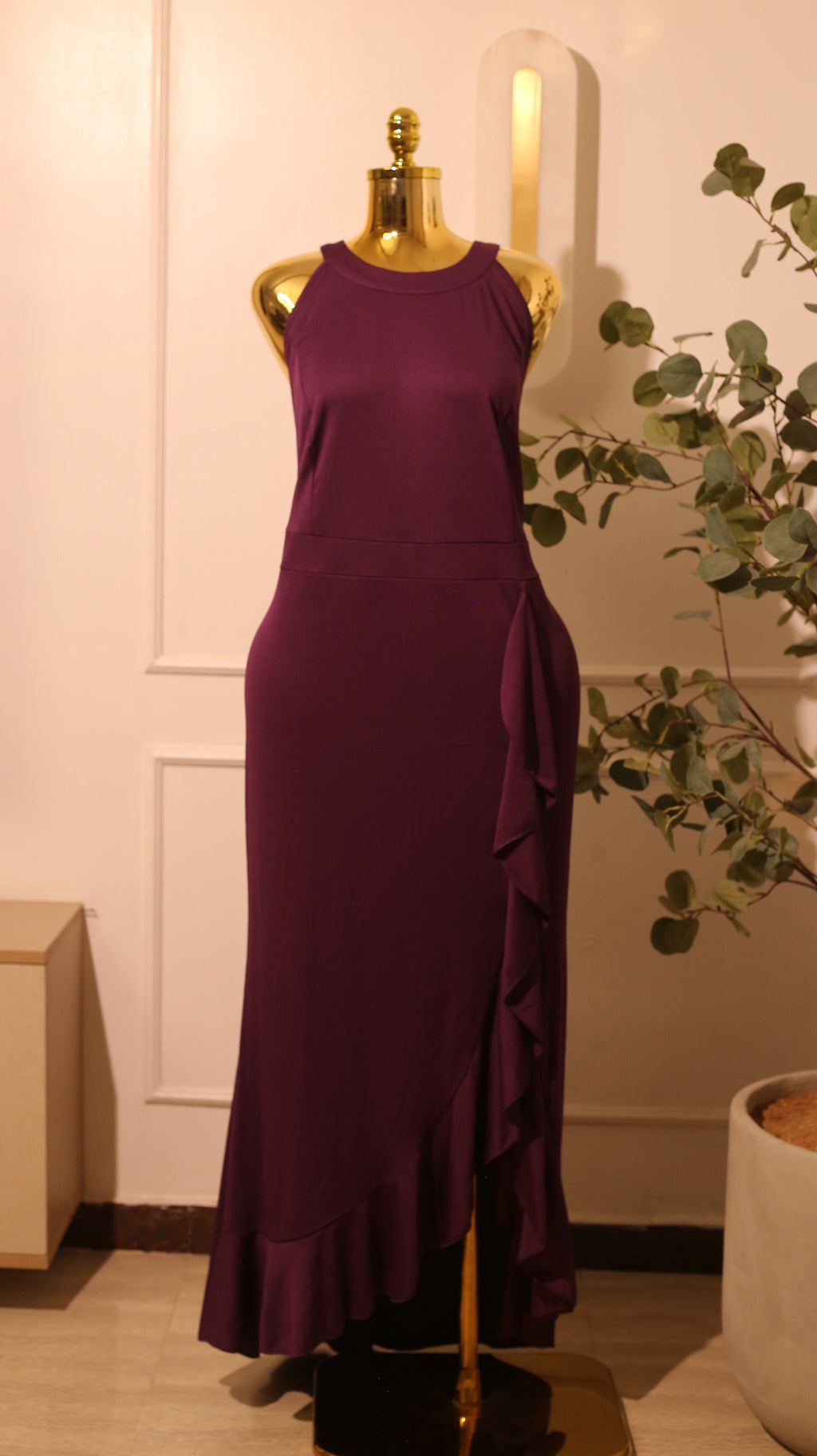 Purple Halter-Neck Maxi Dress With A Ruffled High-Low Hem