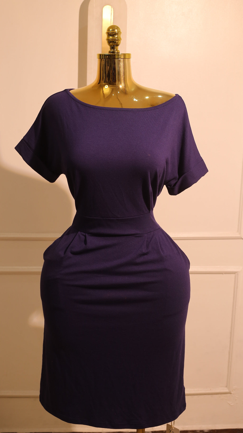 Purple, Short-Sleeved, Belted Midi Dress