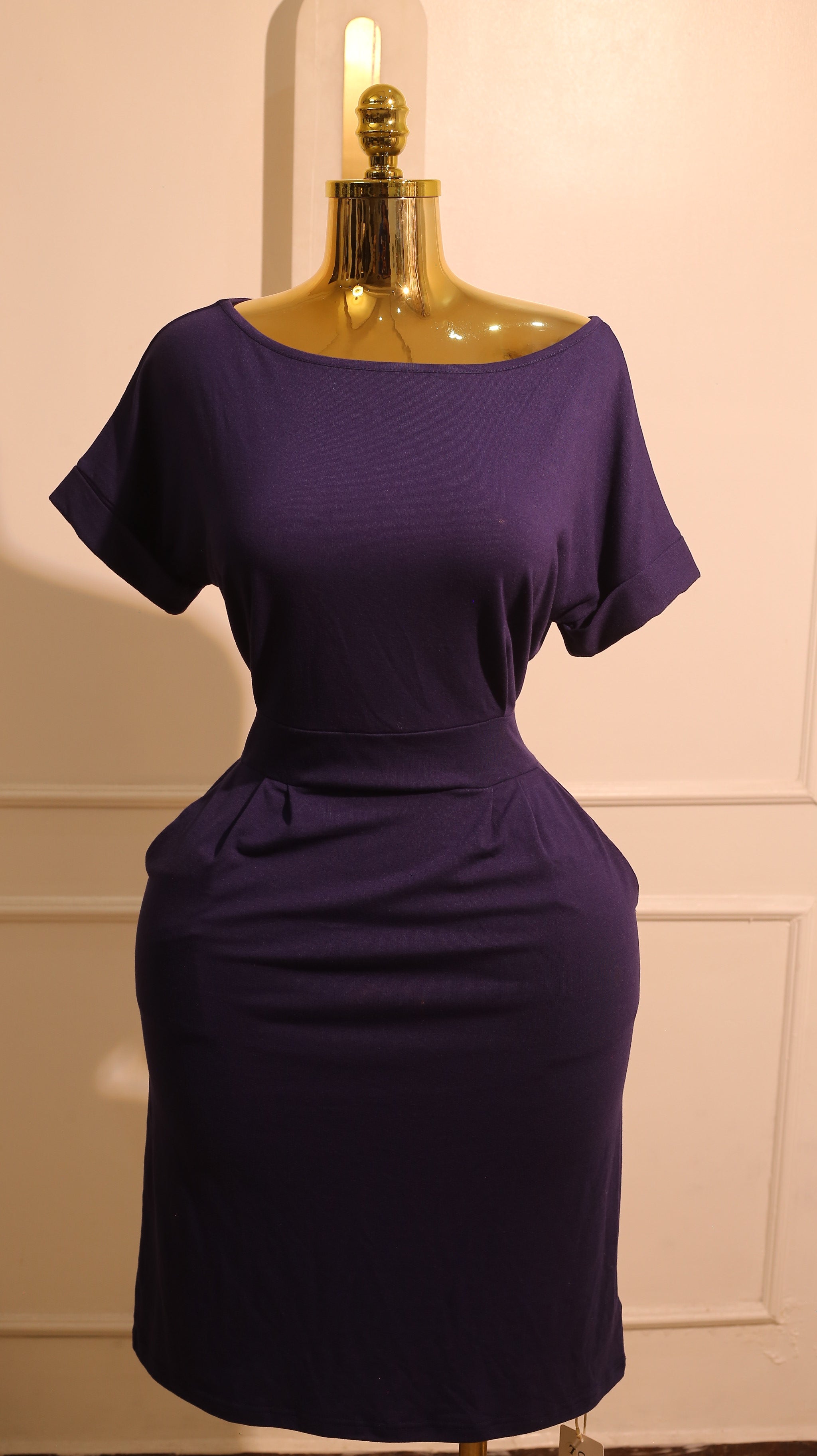 Purple, Short-Sleeved, Belted Midi Dress
