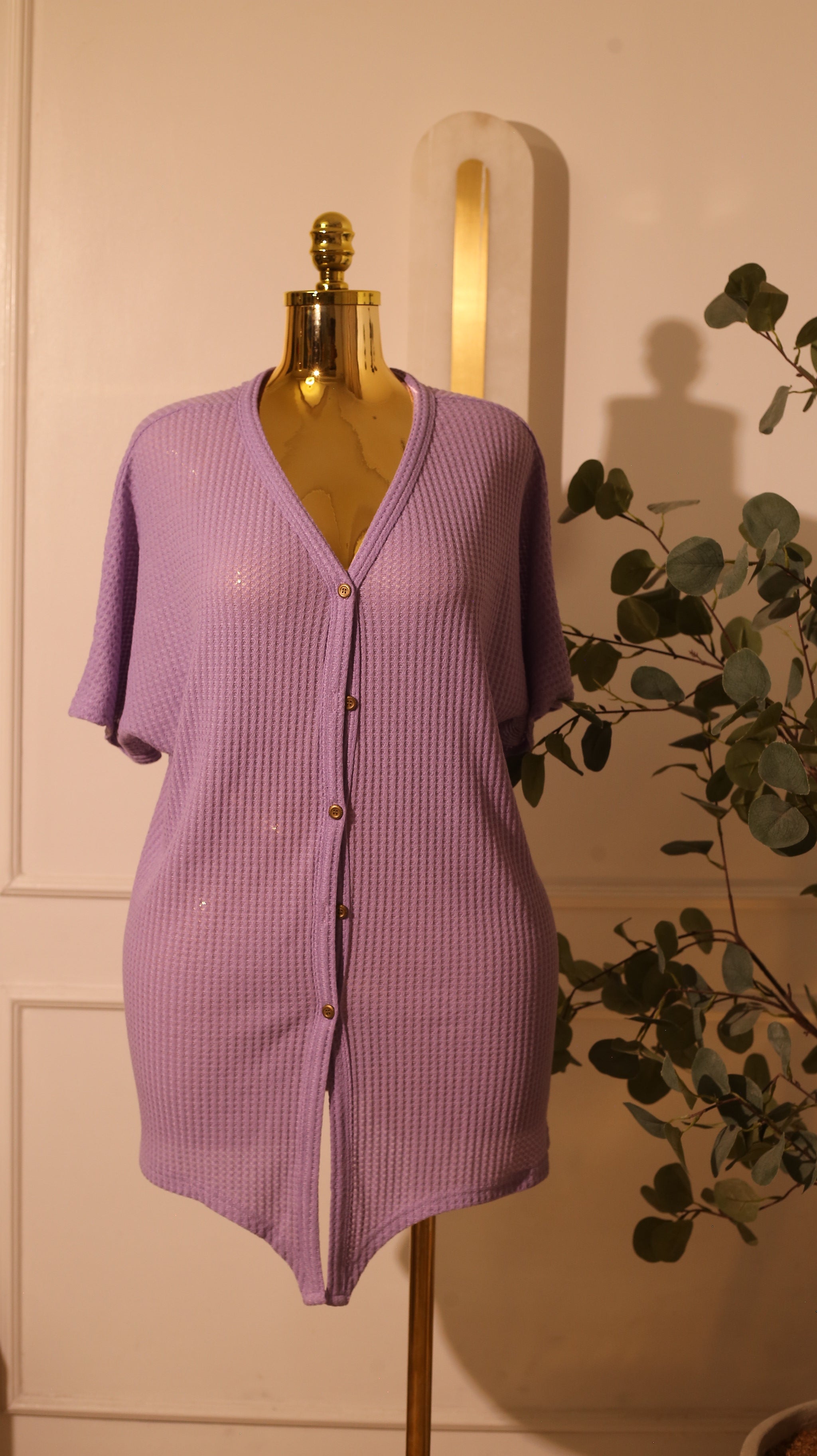 Purple Waffle Knit Short-Sleeve Cardigan (XXL)
