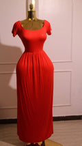 Red Gathered Short-Sleeve Maxi Dress with Pockets