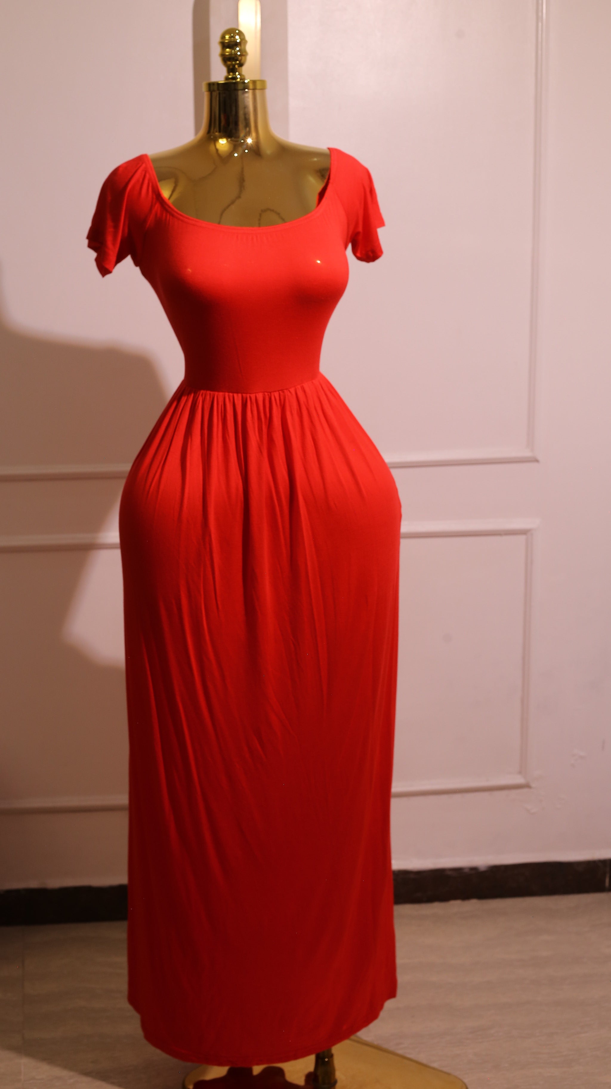 Red Gathered Short-Sleeve Maxi Dress with Pockets