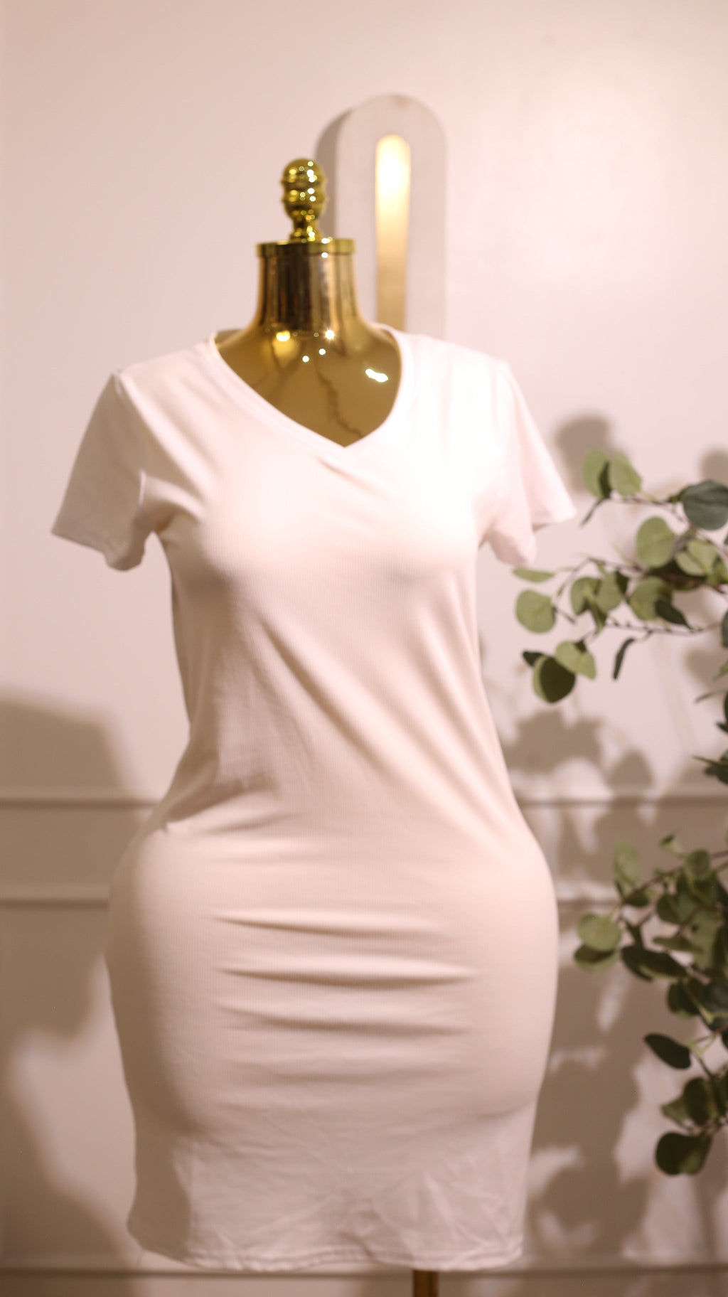 White Ribbed V-Neck Bodycon Dress