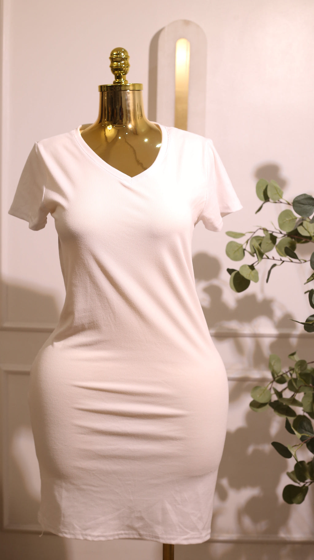 White Ribbed V-Neck Bodycon Dress