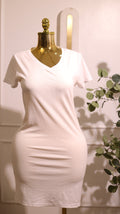White Ribbed V-Neck Bodycon Dress
