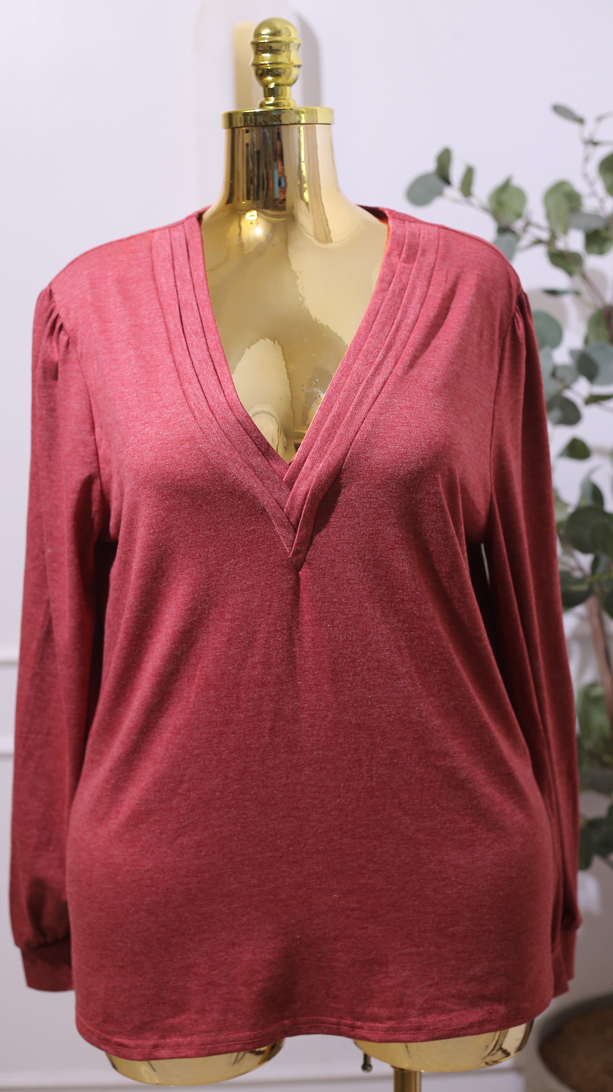 Red Heathered V-NECK Long-sleeve Top