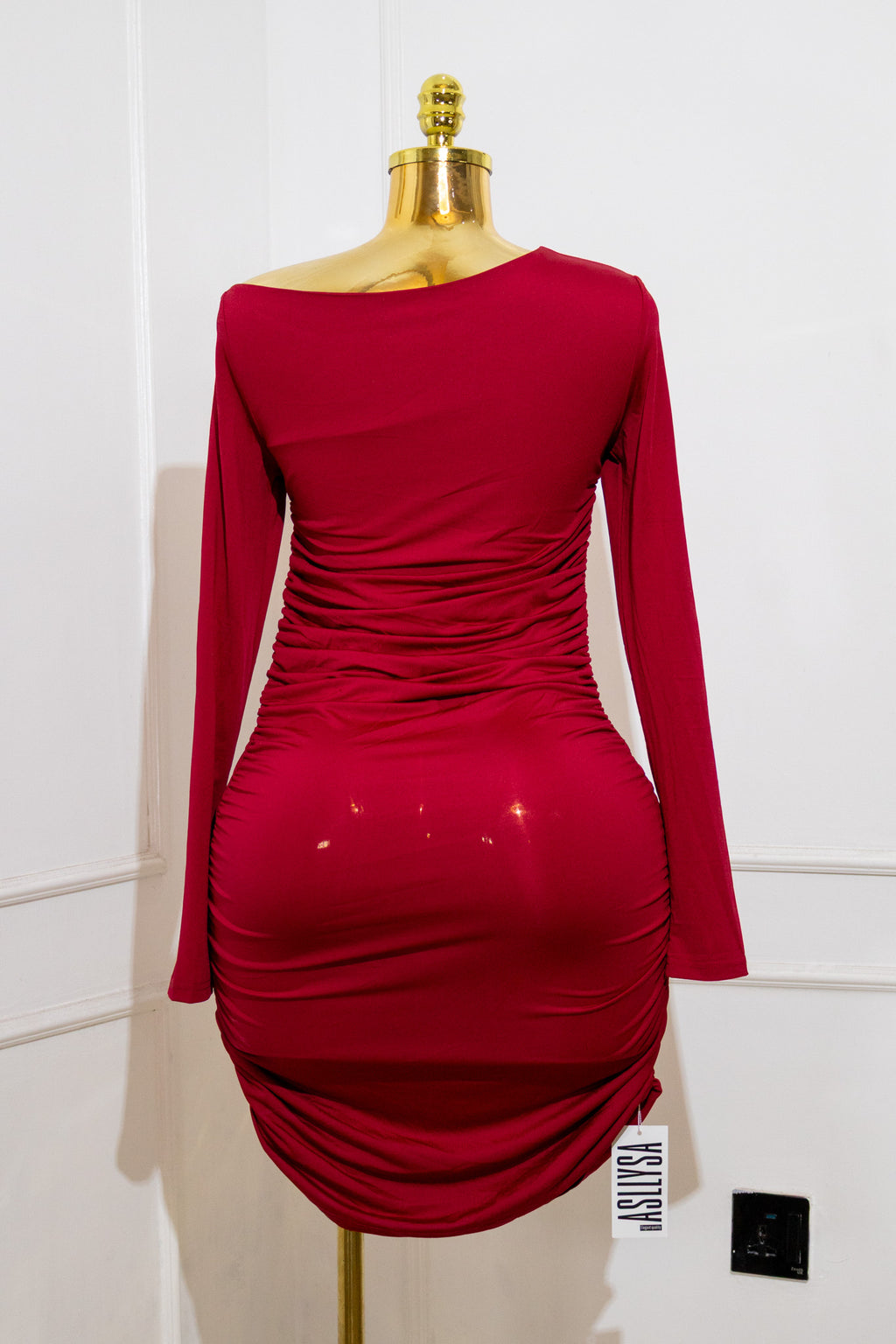Red Long-Sleeve Ruched Bodycon Dress