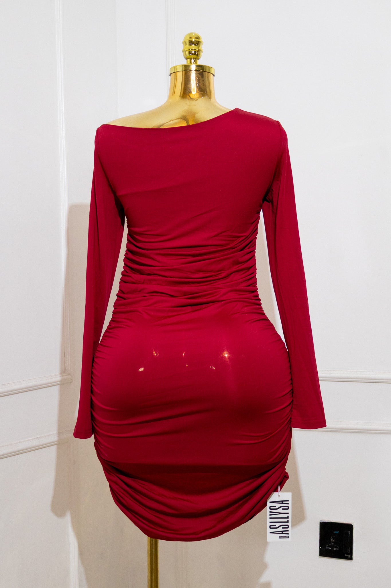 Red Long-Sleeve Ruched Bodycon Dress