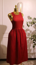 Red Rib-Knit Fit and Flare Midi Dress