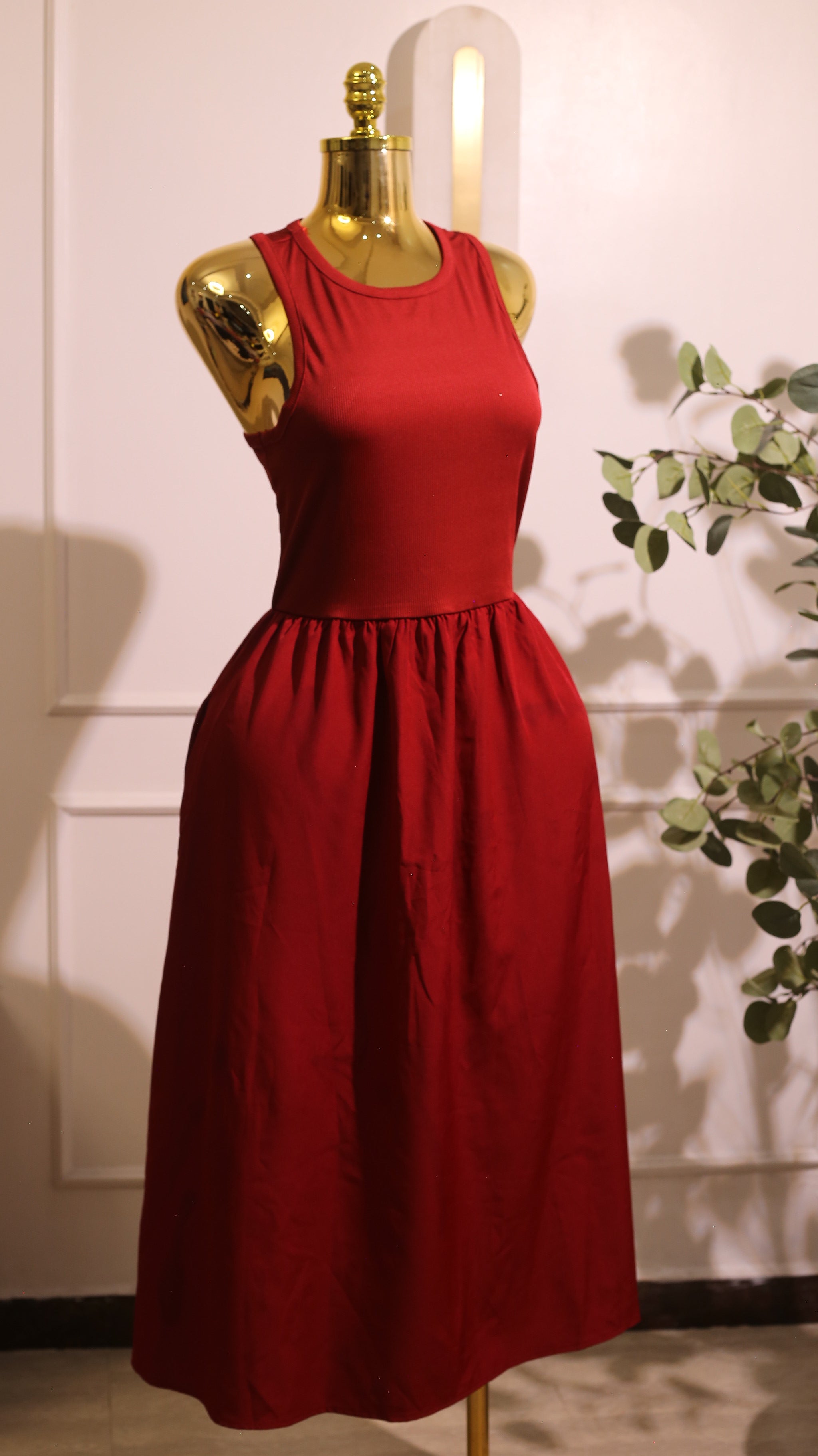 Red Rib-Knit Fit and Flare Midi Dress