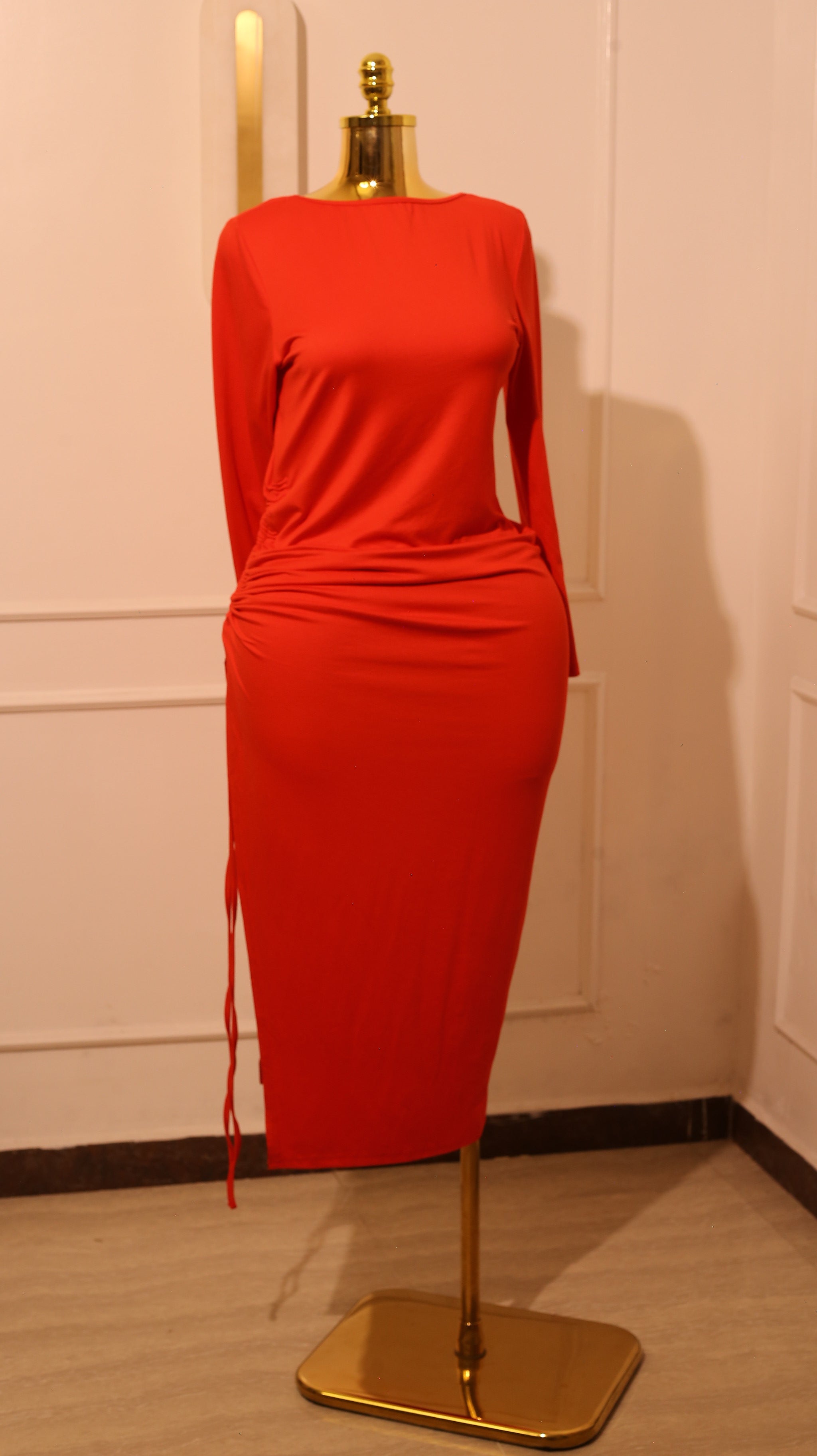 Red Ruched Long-Sleeve Maxi Dress