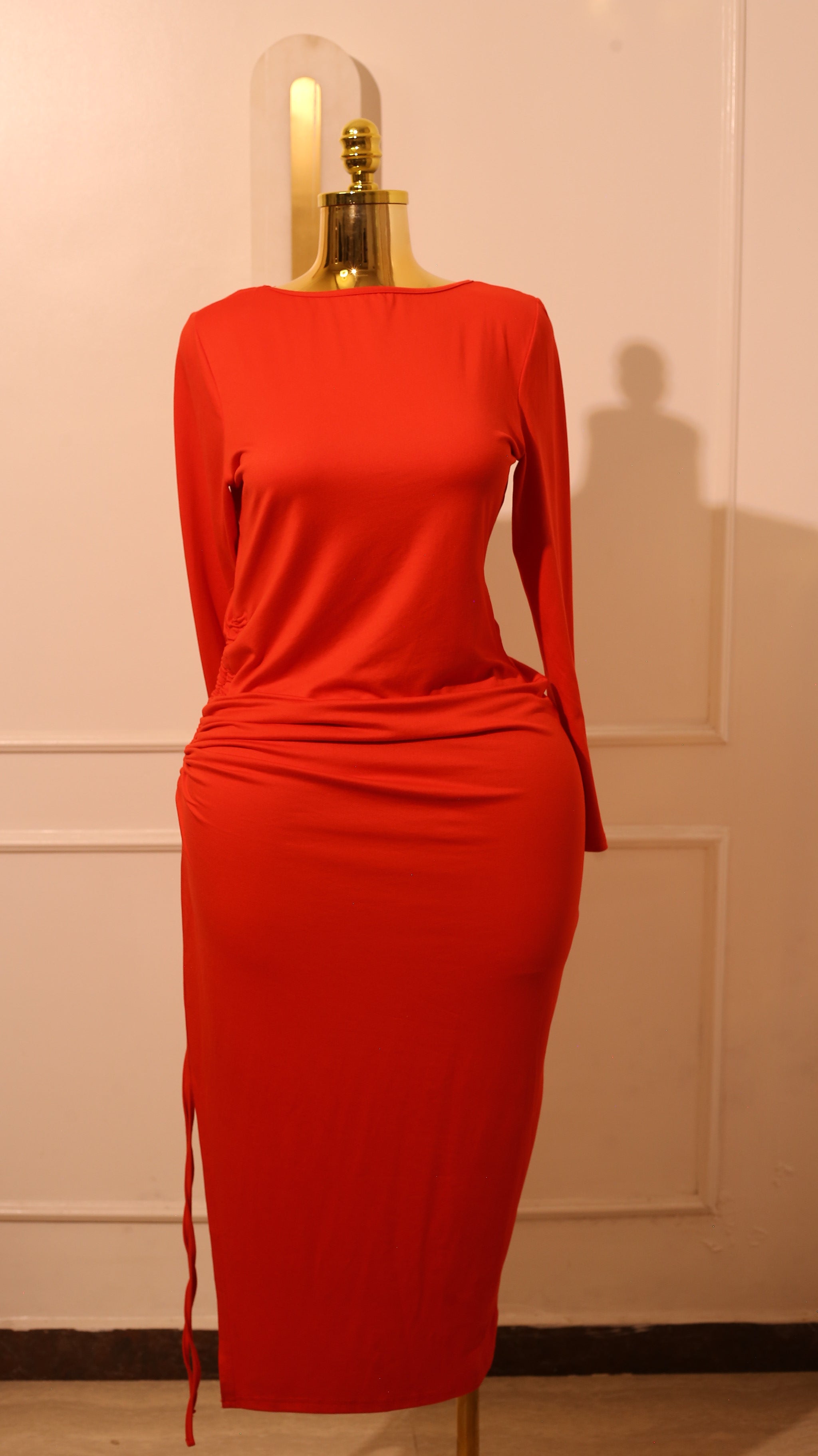 Red Ruched Long-Sleeve Maxi Dress