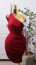 Red Ruched One-Shoulder Midi Dress