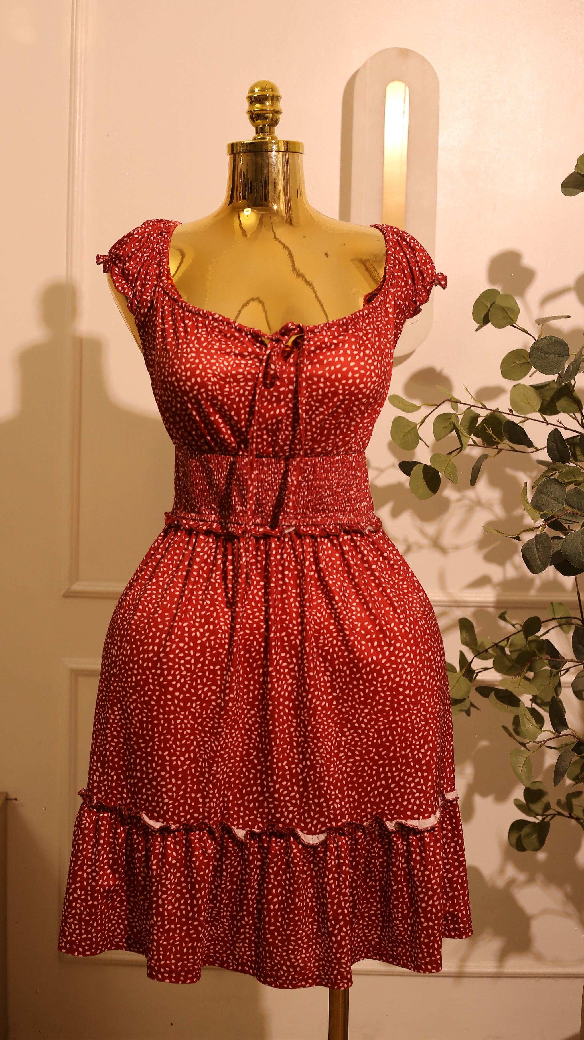 Red Speckle Off-Shoulder Mini Dress (Medium)