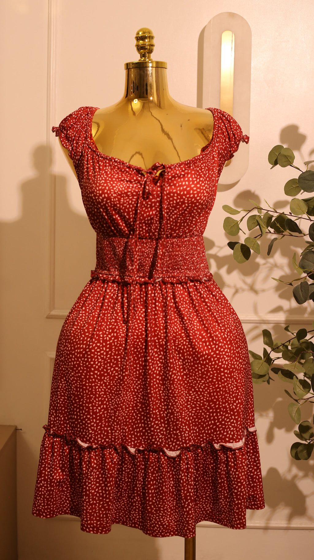 Red Speckle Off-Shoulder Mini Dress (Medium)