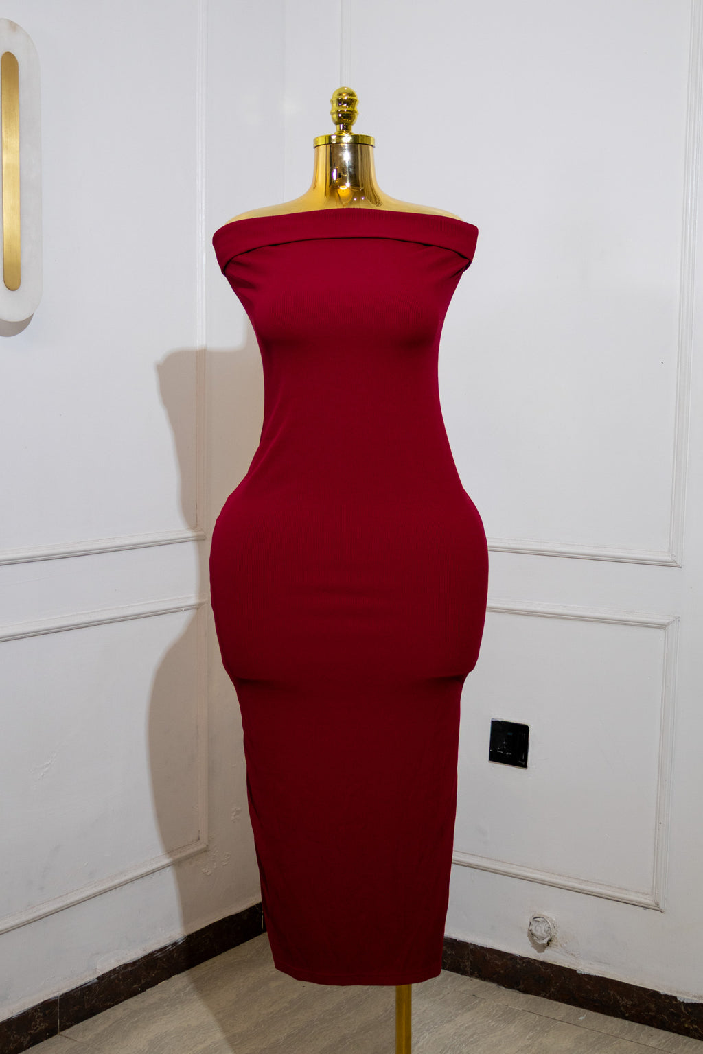 Red Strapless Bandeau Midi Dress