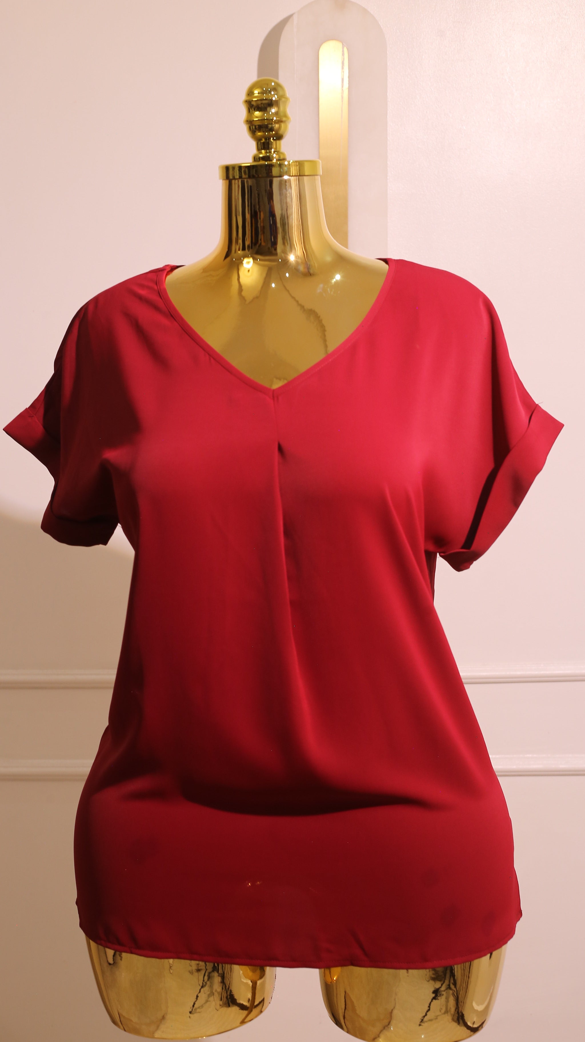 Red V-Neck Short-Sleeve Blouse/Top,