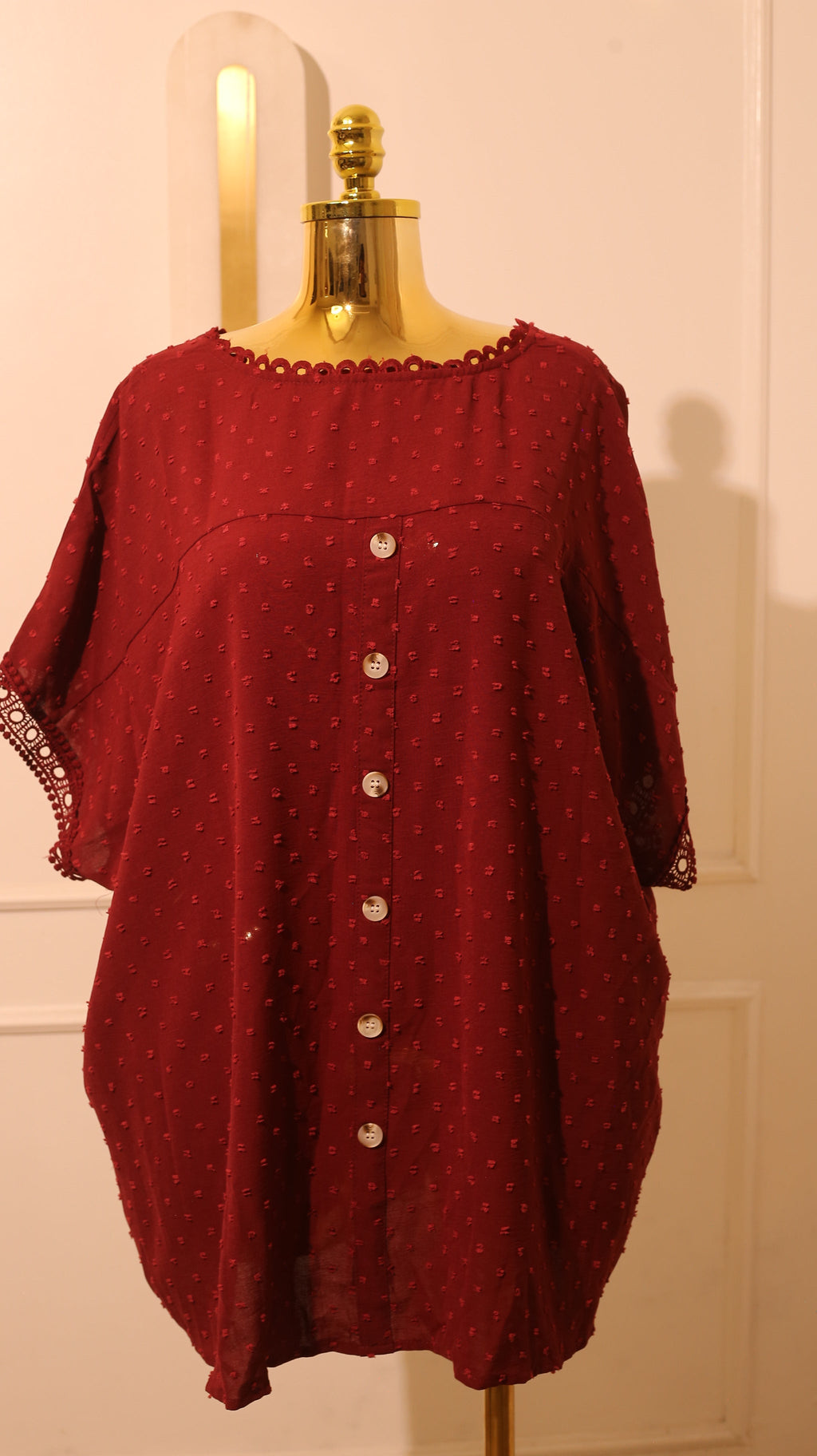 Red Or Burgundy Swiss Dot Top With Lace Or Trim