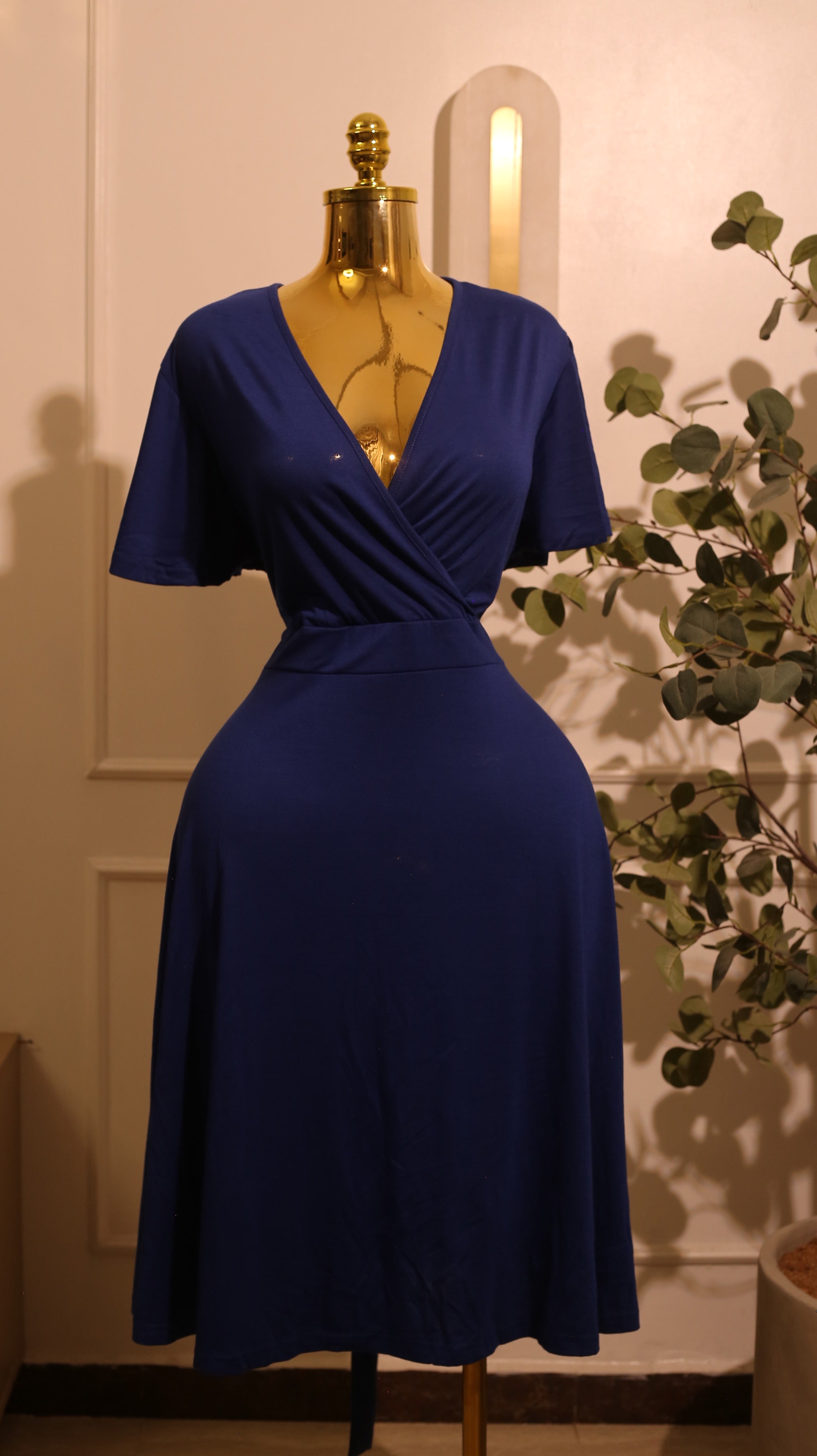 Royal Blue Faux-Wrap Flutter-Sleeve Midi Dress (Medium)