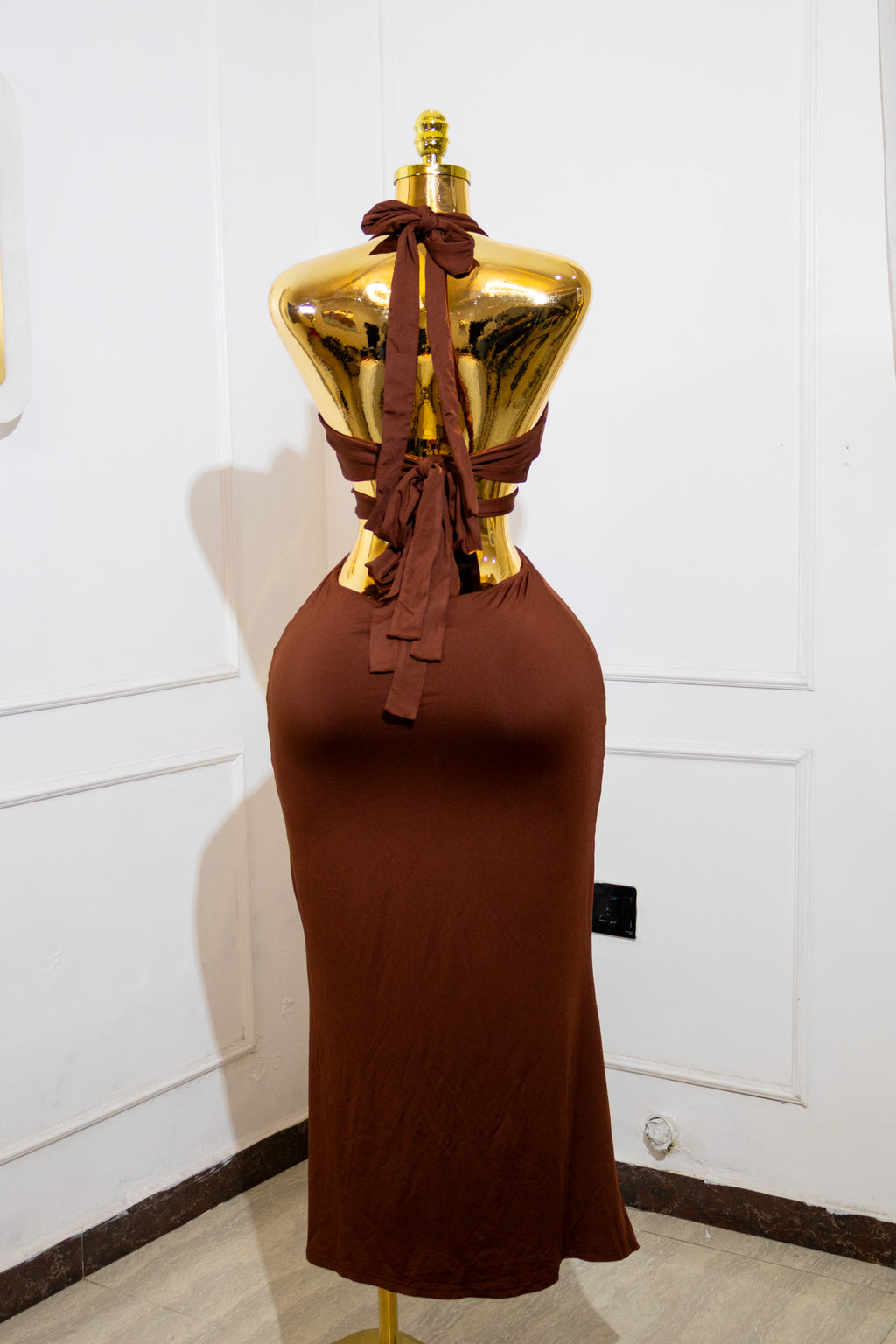 Rust Halter Cut-Out Midi Dress