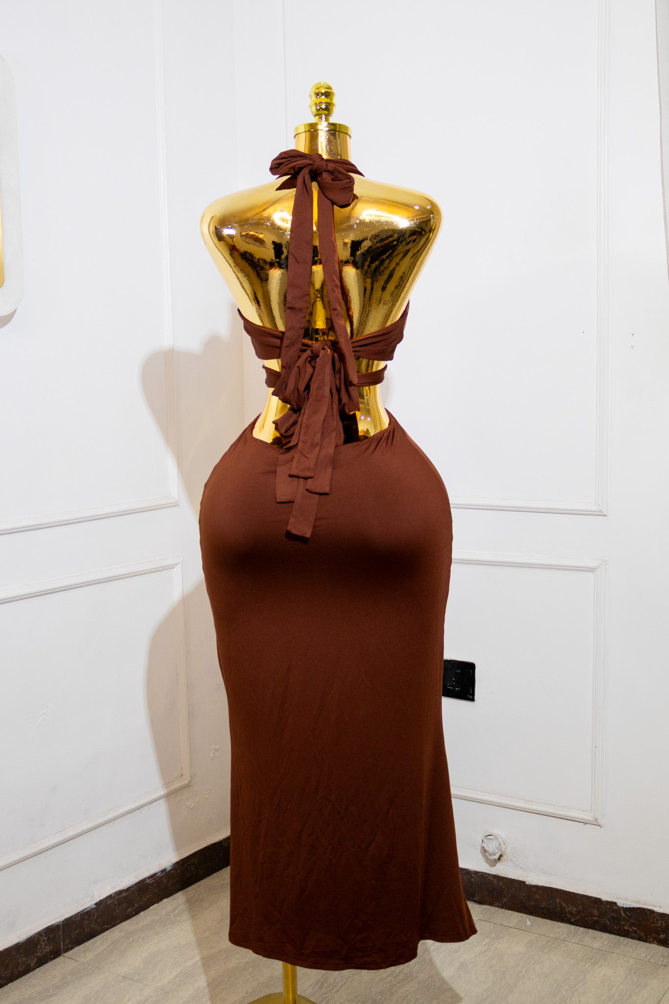 Rust Halter Cut-Out Midi Dress