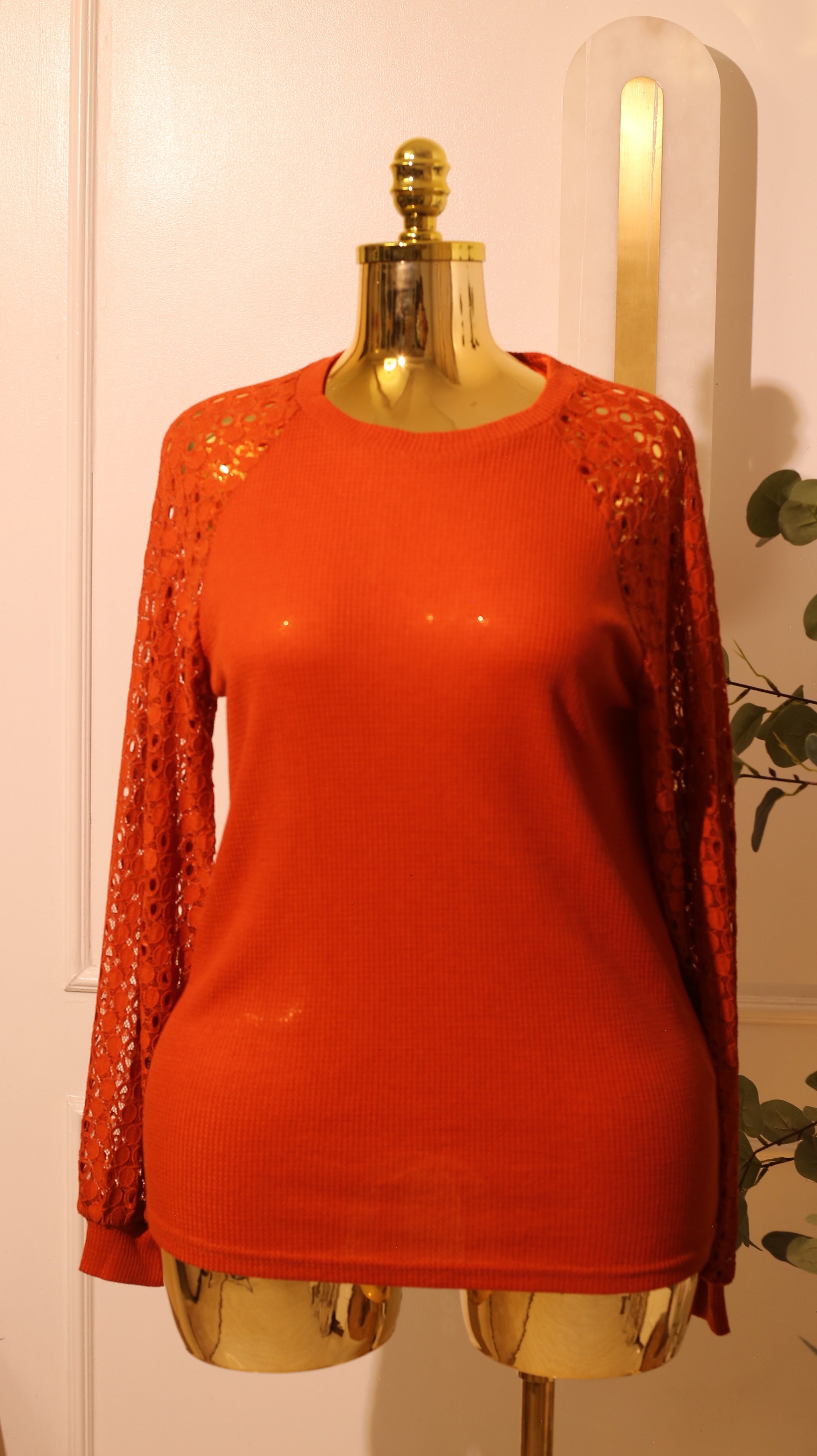 Rust Lace-Sleeve Top – Small