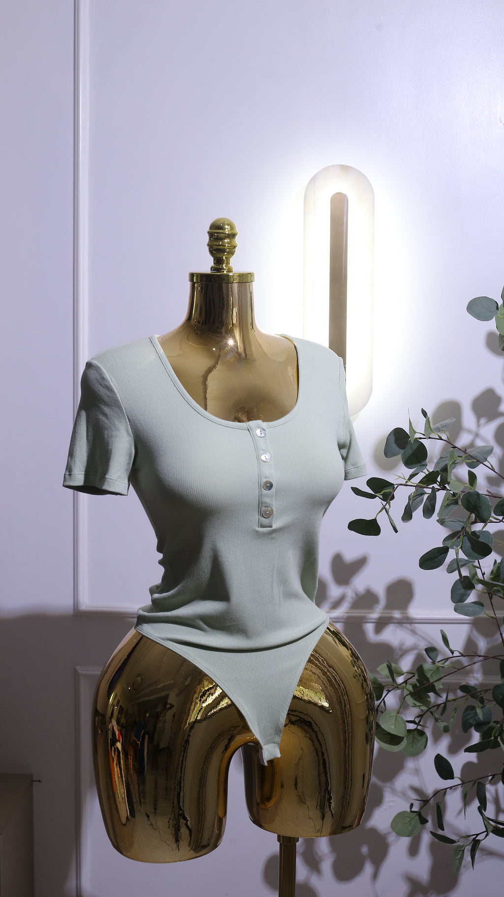 Sage Green Ribbed Short-Sleeve Henley Thong Bodysuit