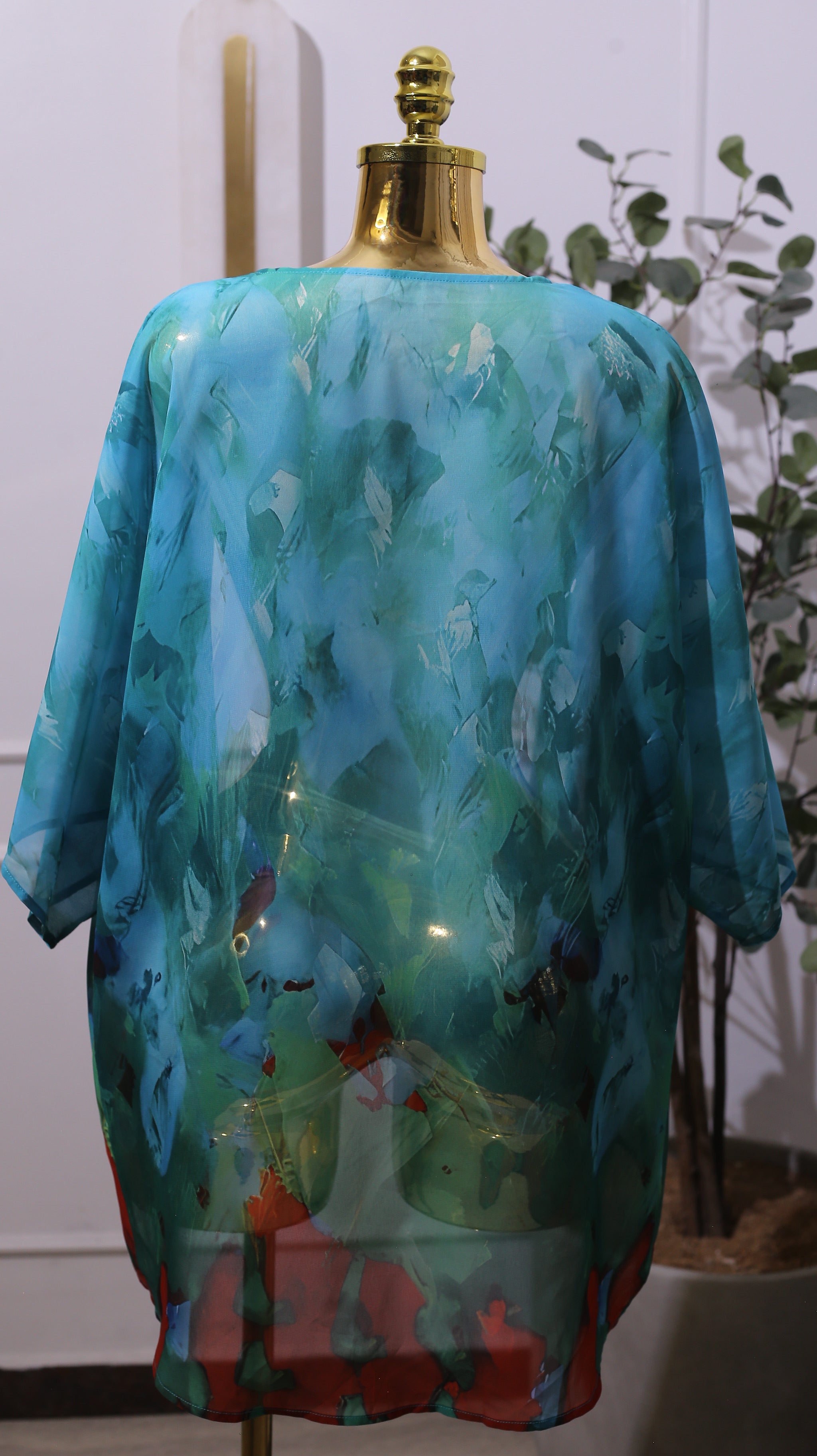 Sheer, Open-front Kimono Jacket With A Blue, GreenAbstract Print