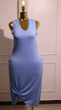 Sky Blue Sleeveless V-Neck Bodycon Midi Dress with Knotted Hem (Medium)