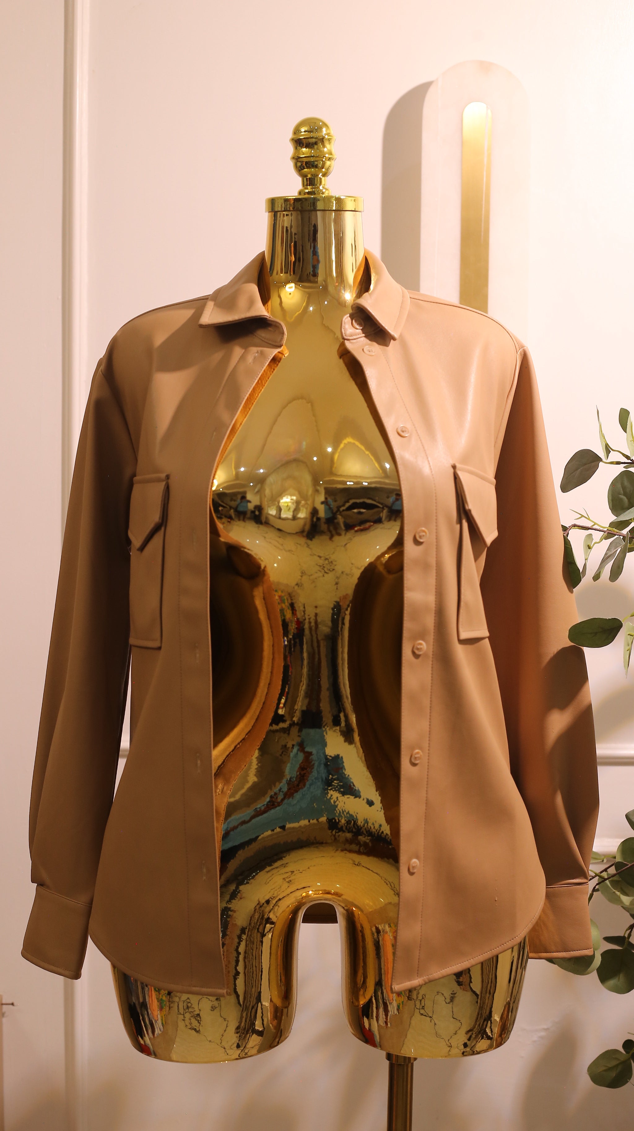Warm Caramel Faux Leather Utility Shirt Jacket