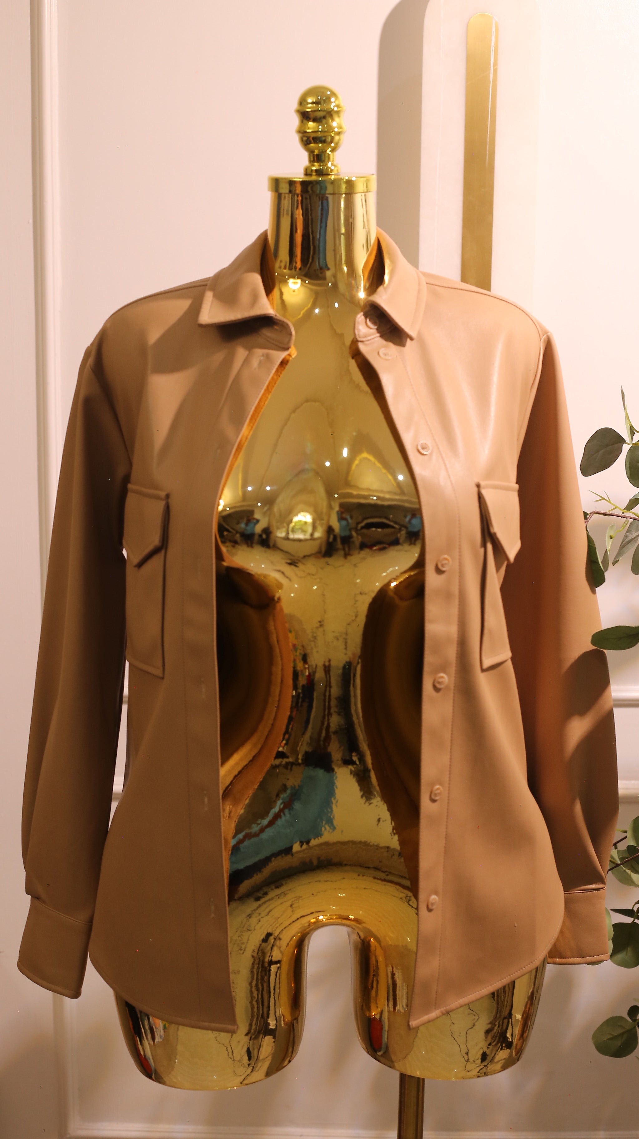 Warm Caramel Faux Leather Utility Shirt Jacket