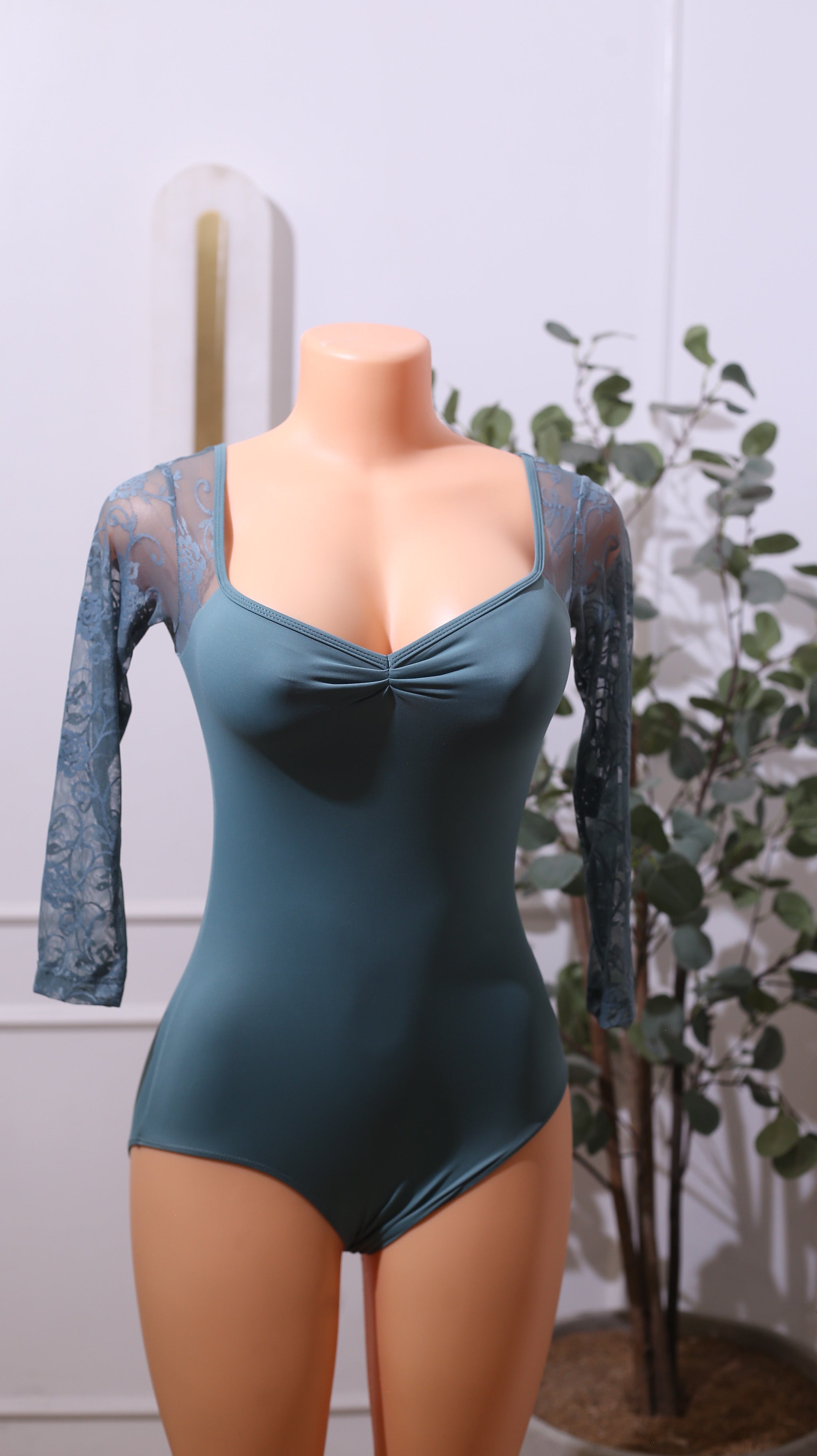 Teal Lace Sleeve Leotard Top