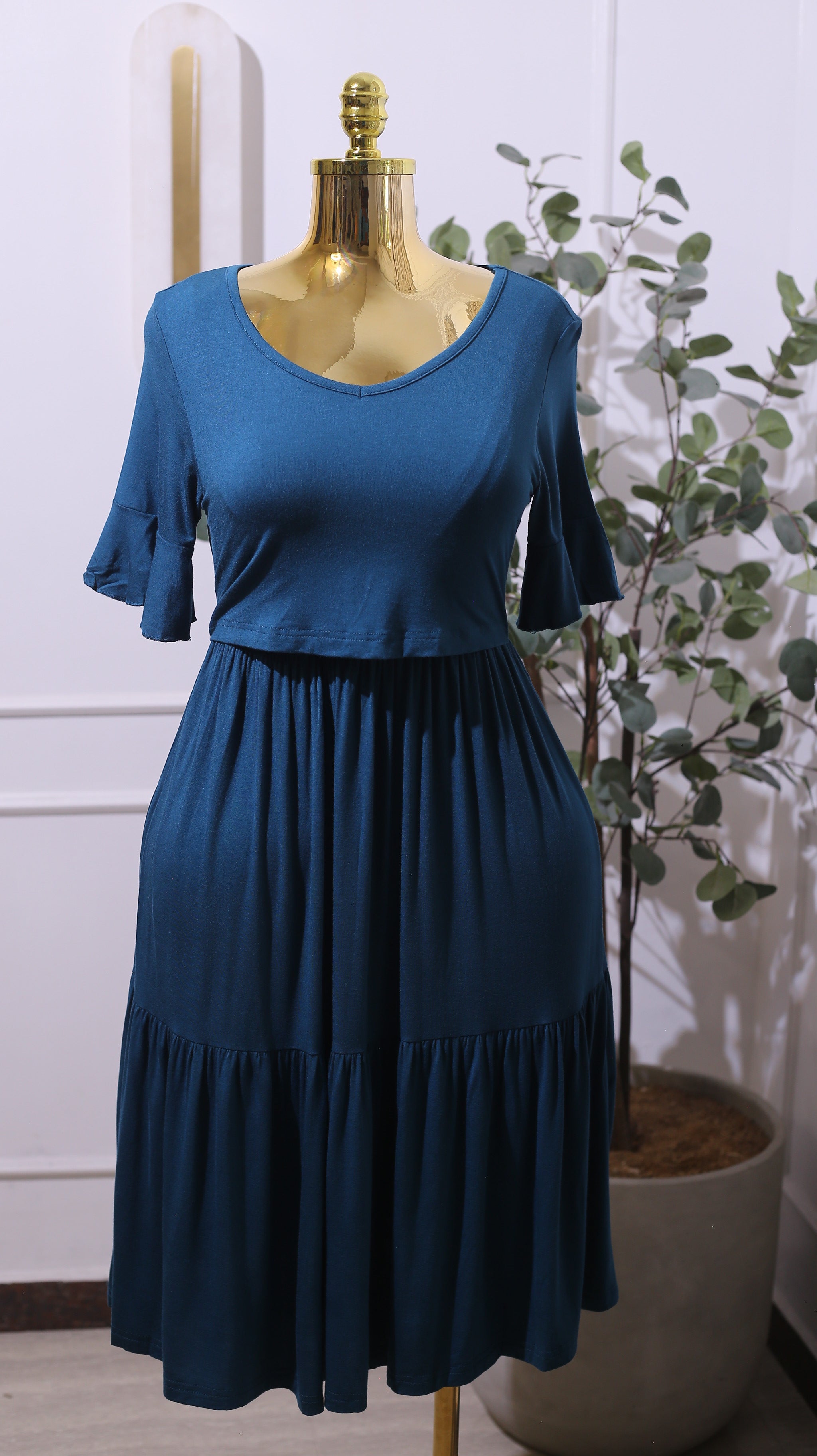 Teal Short-Sleeve Tiered Dress