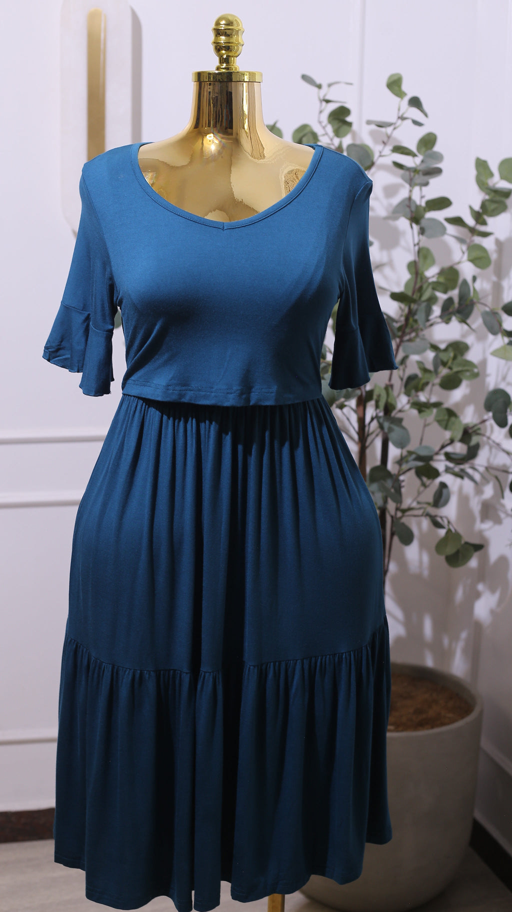 Teal Short-Sleeve Tiered Dress