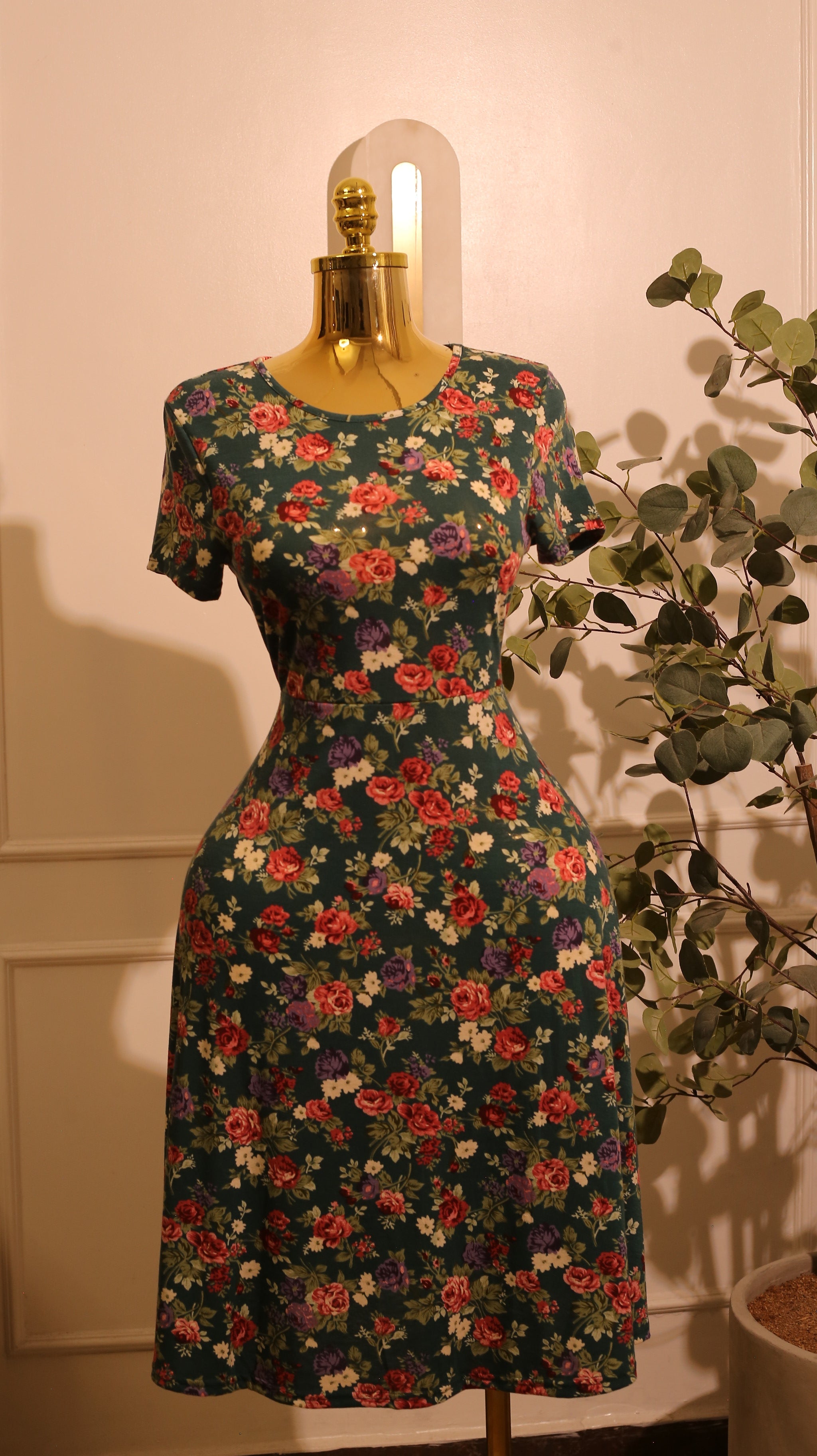 Urban CoCo Floral Short-Sleeve Flared Midi Dress (Small)