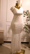 White Lace Maternity Maxi Dress With A V-Neck And Short Sleeves