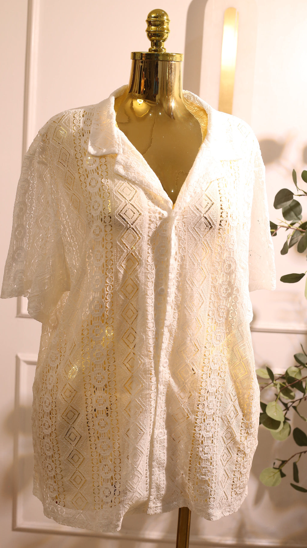 White Short-Sleeve Button-Up Shirt With A Lace Pattern