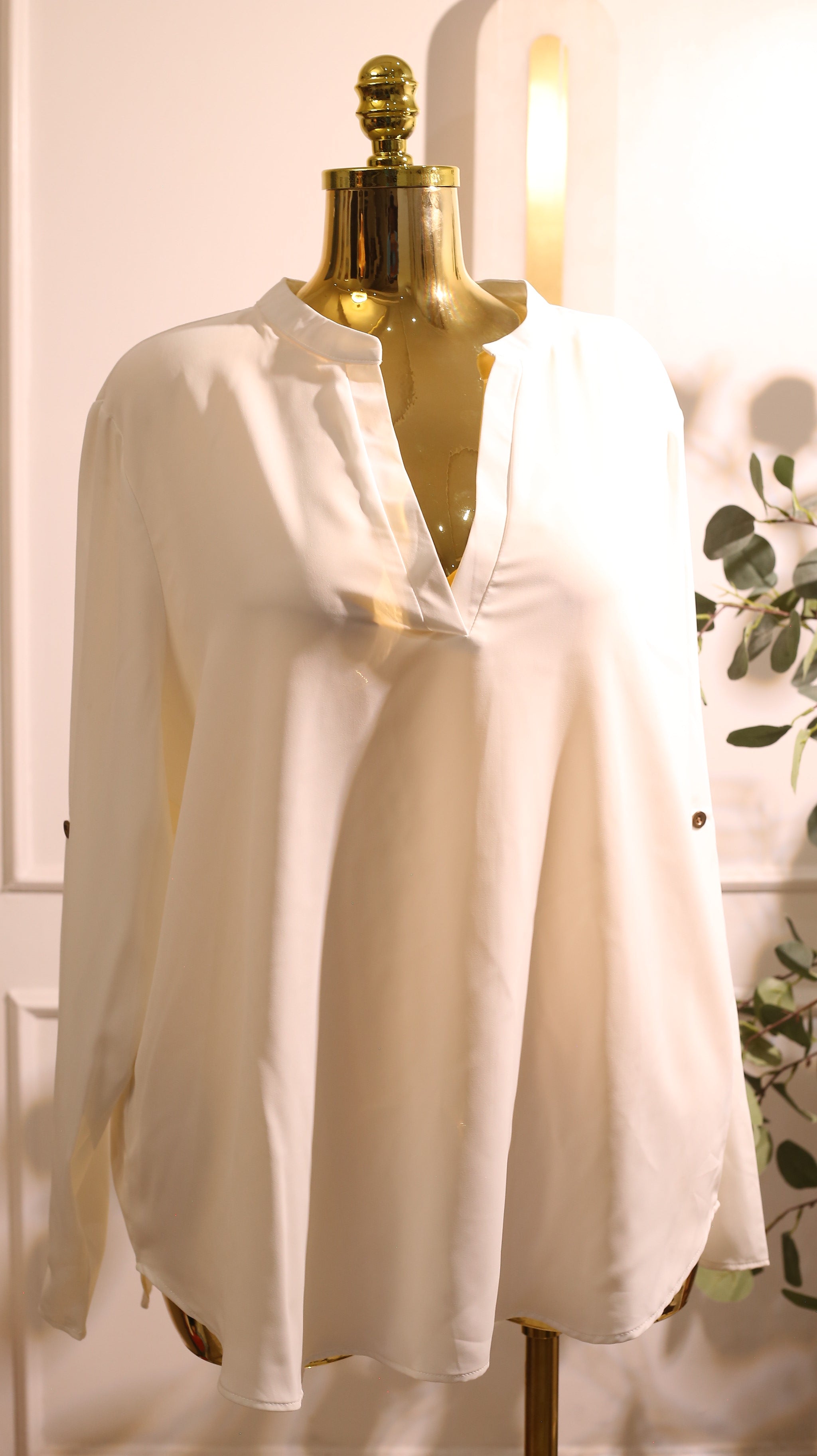White Long-Sleeved V-Neck Blouse