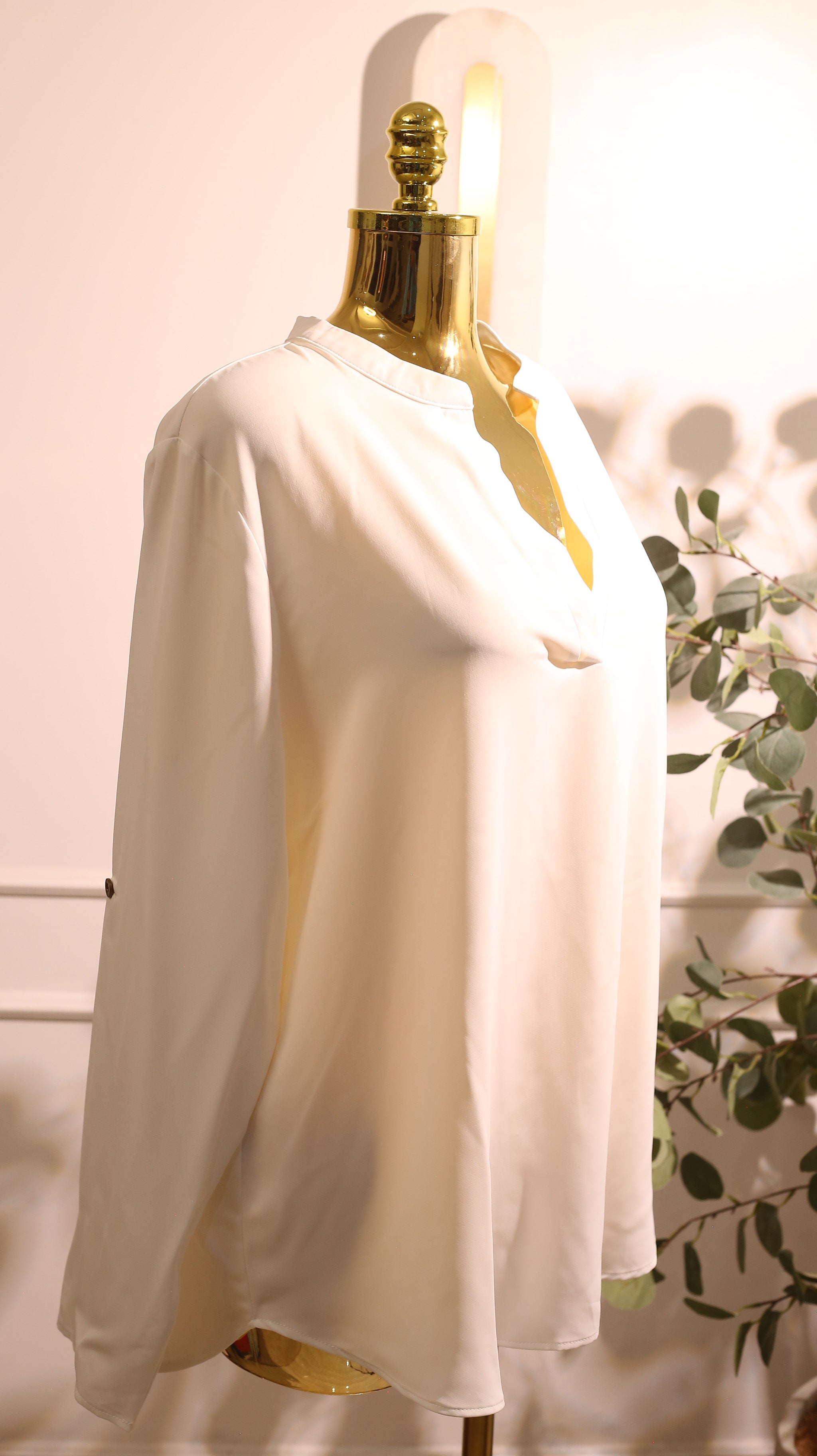 White Long-Sleeved V-Neck Blouse