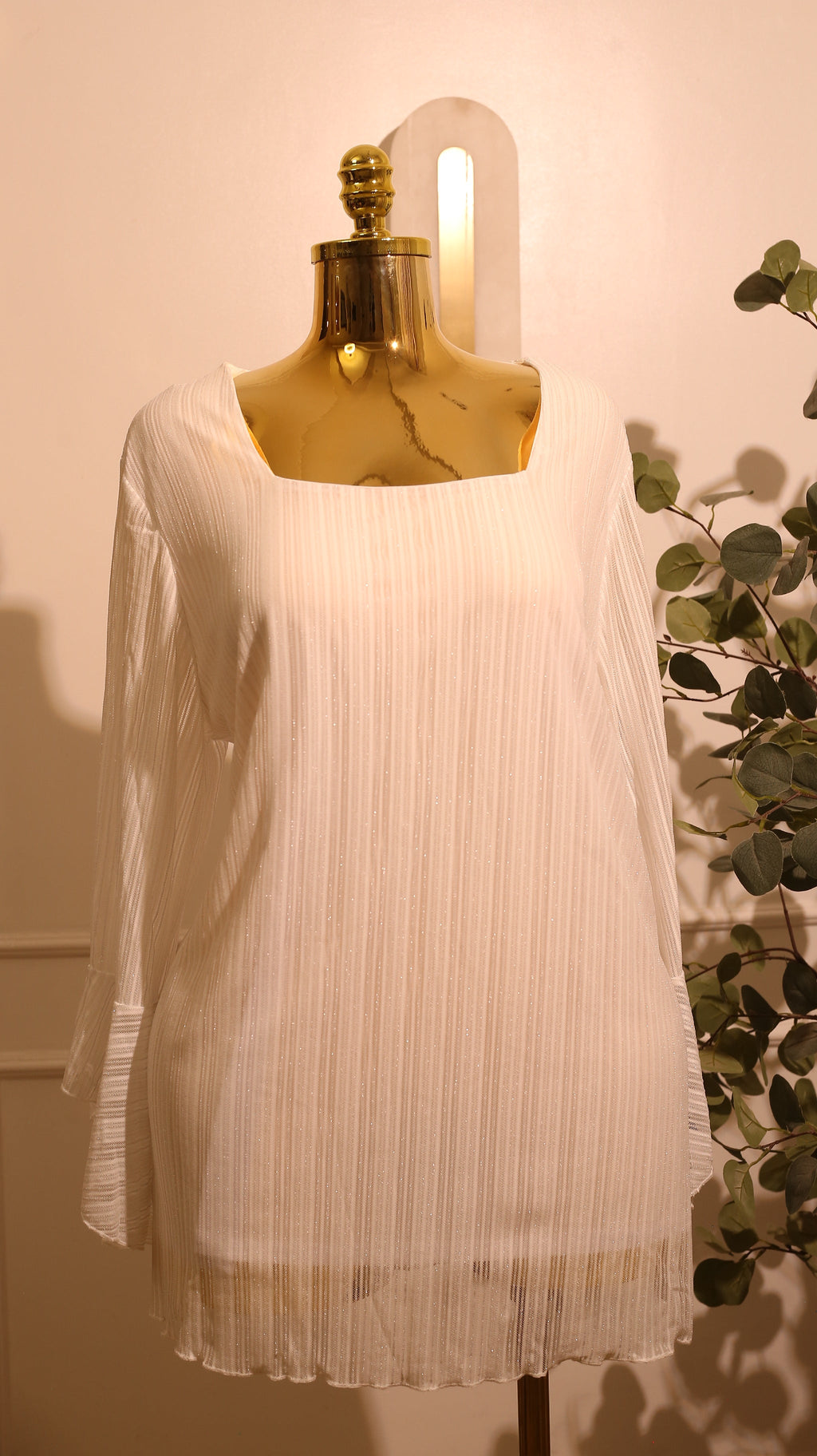 White Pleated Square Neck Mini Dress