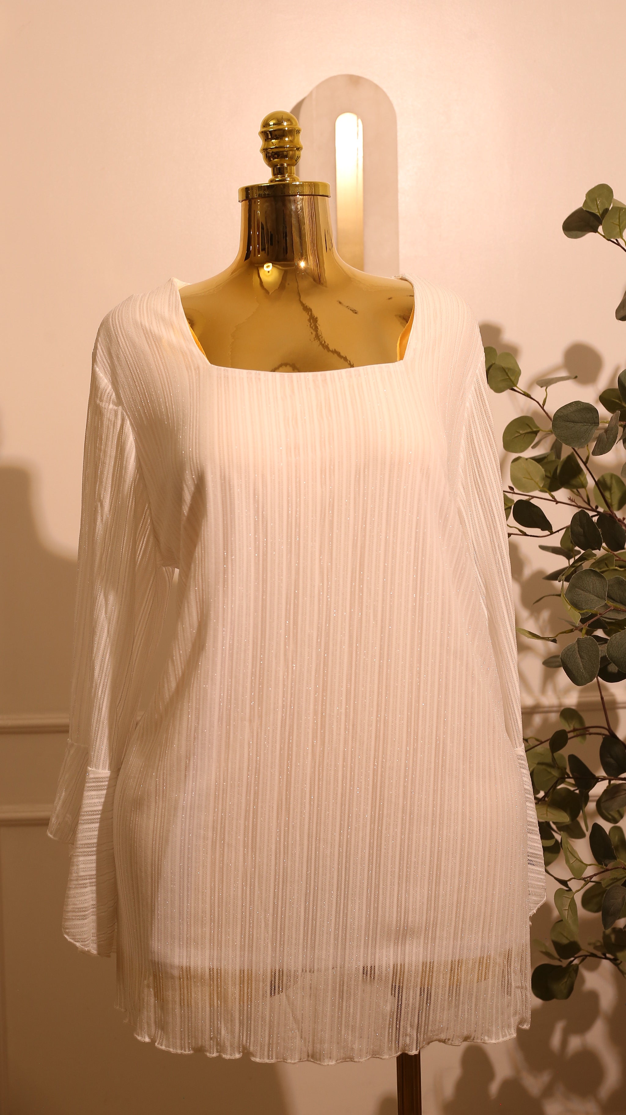 White Pleated Square Neck Mini Dress